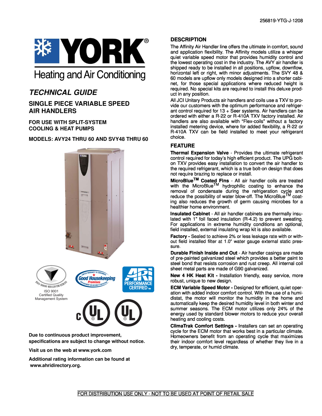 York specifications For Use With Split-System Cooling & Heat Pumps, MODELS AVY24 THRU 60 AND SVY48 THRU, Description 