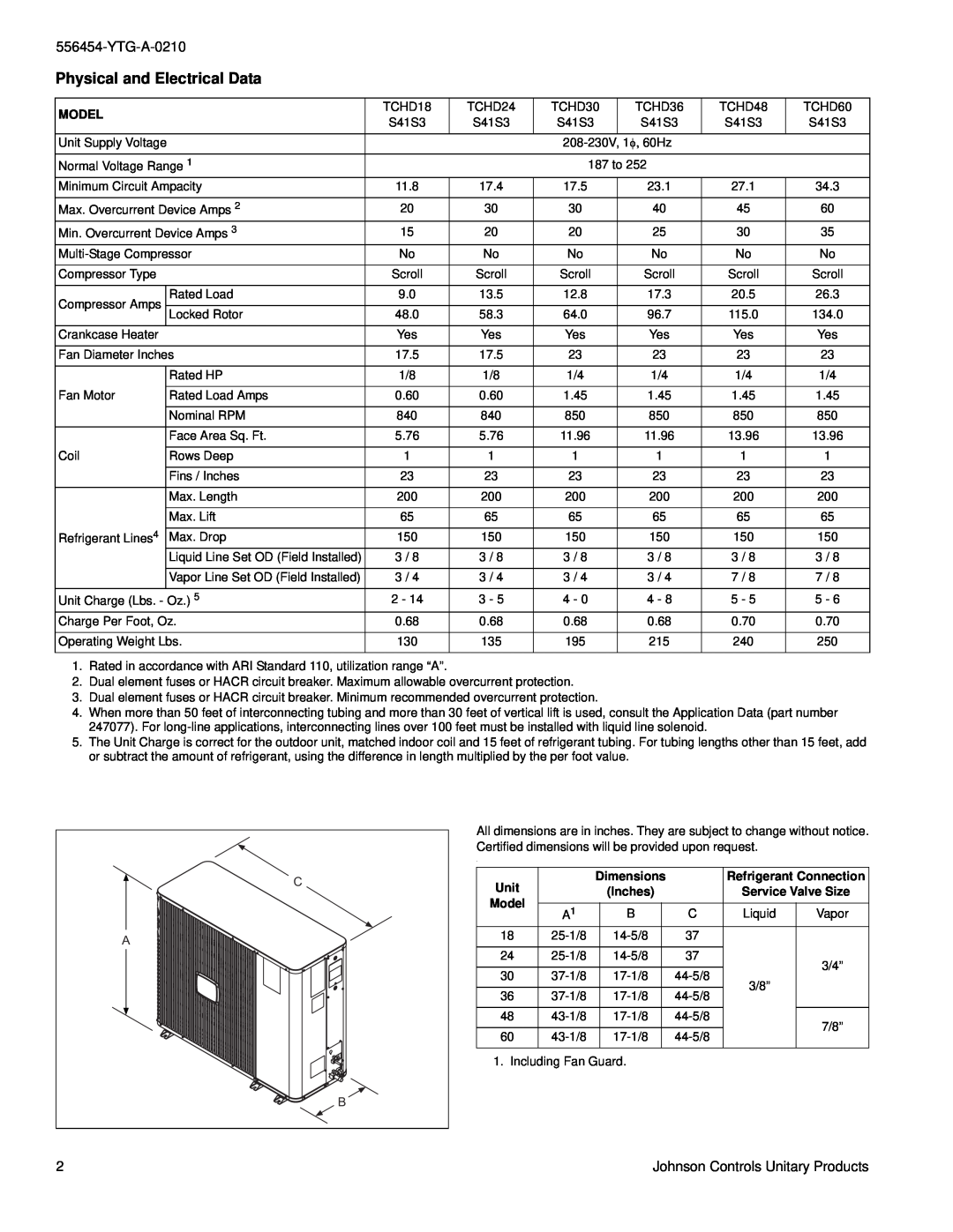 York TCHD18 THRU 60 Physical and Electrical Data, YTG-A-0210, Johnson Controls Unitary Products, Model, Service Valve Size 