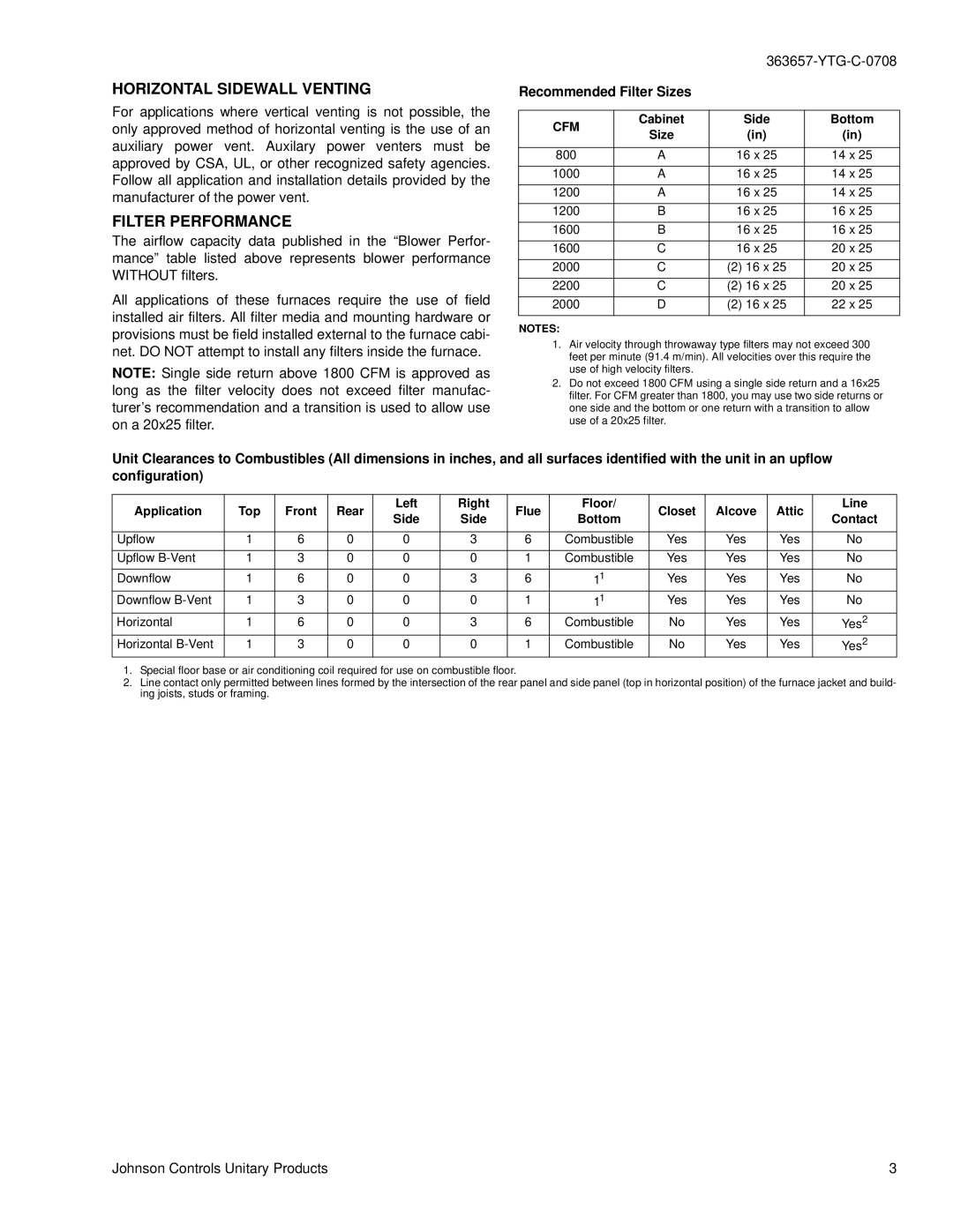York TGLS, TG8S warranty Horizontal Sidewall Venting, Filter Performance, Recommended Filter Sizes, Cfm, Cabinet Side Bottom 
