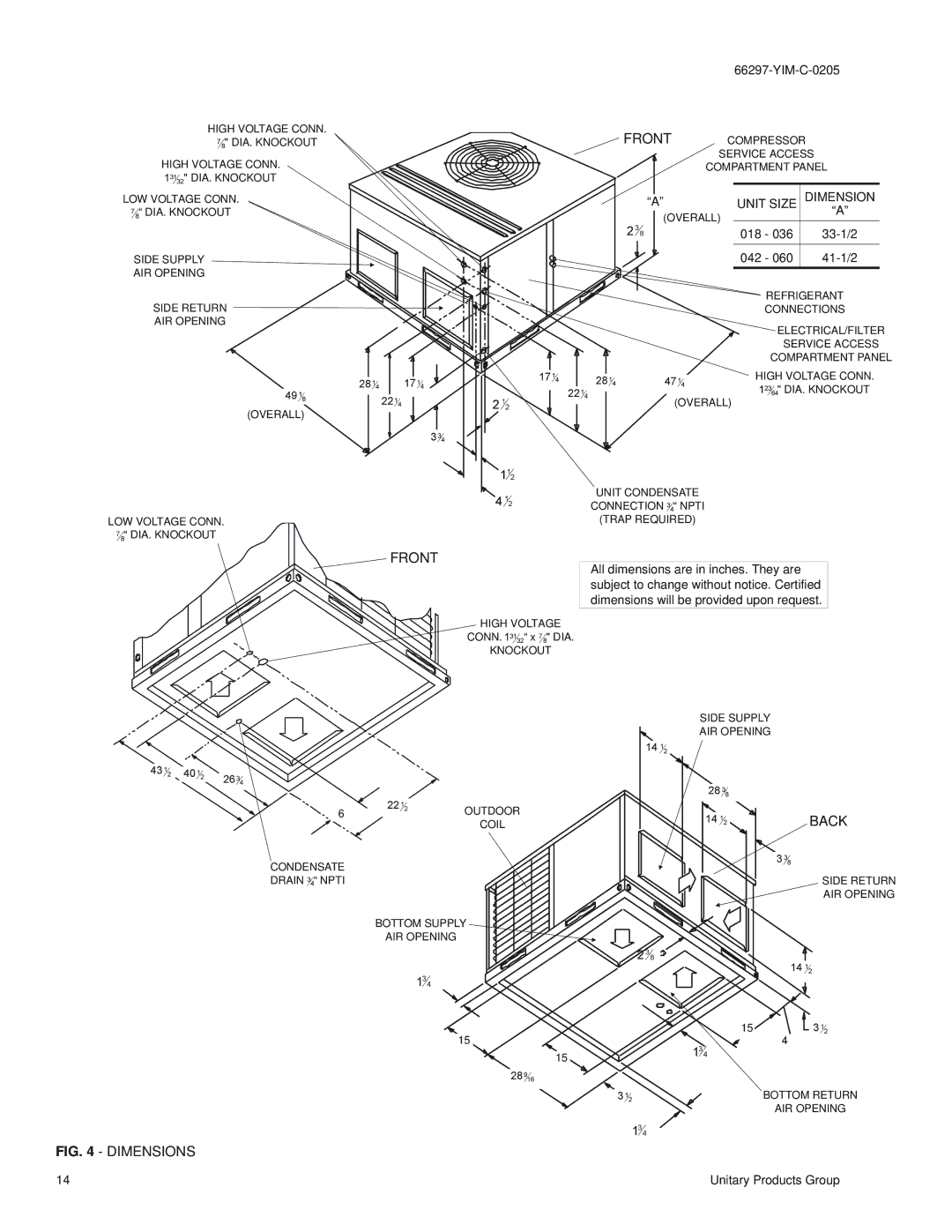 York THRU 060, B1HH018 installation instructions Front, Unit Size Dimension 