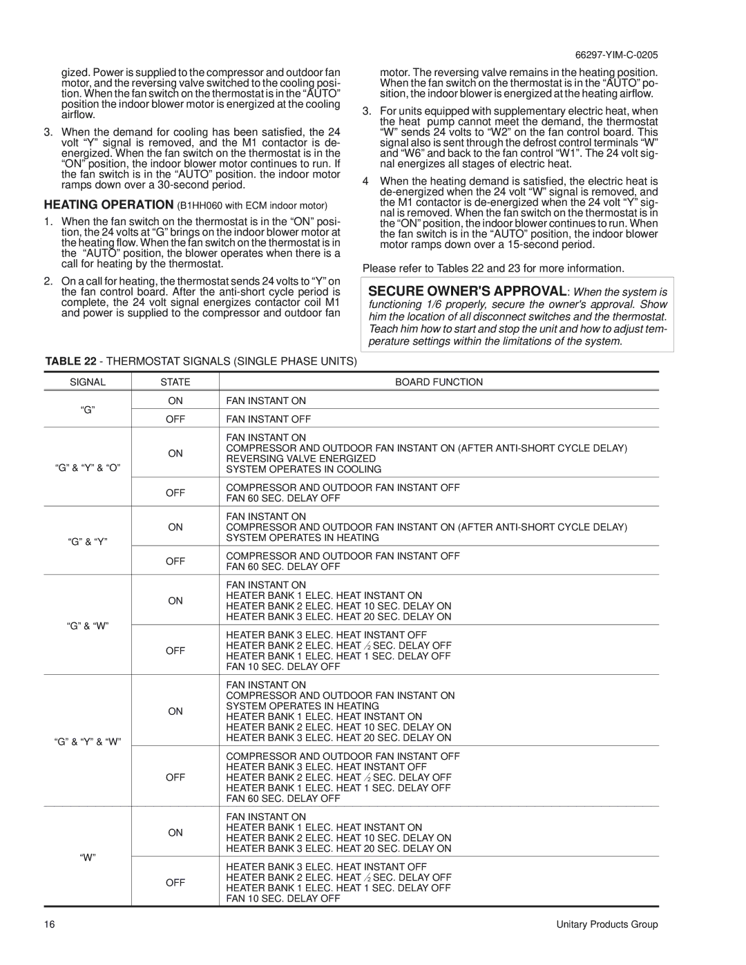 York THRU 060, B1HH018 Secure Owners Approval When the system is, Thermostat Signals Single Phase Units 