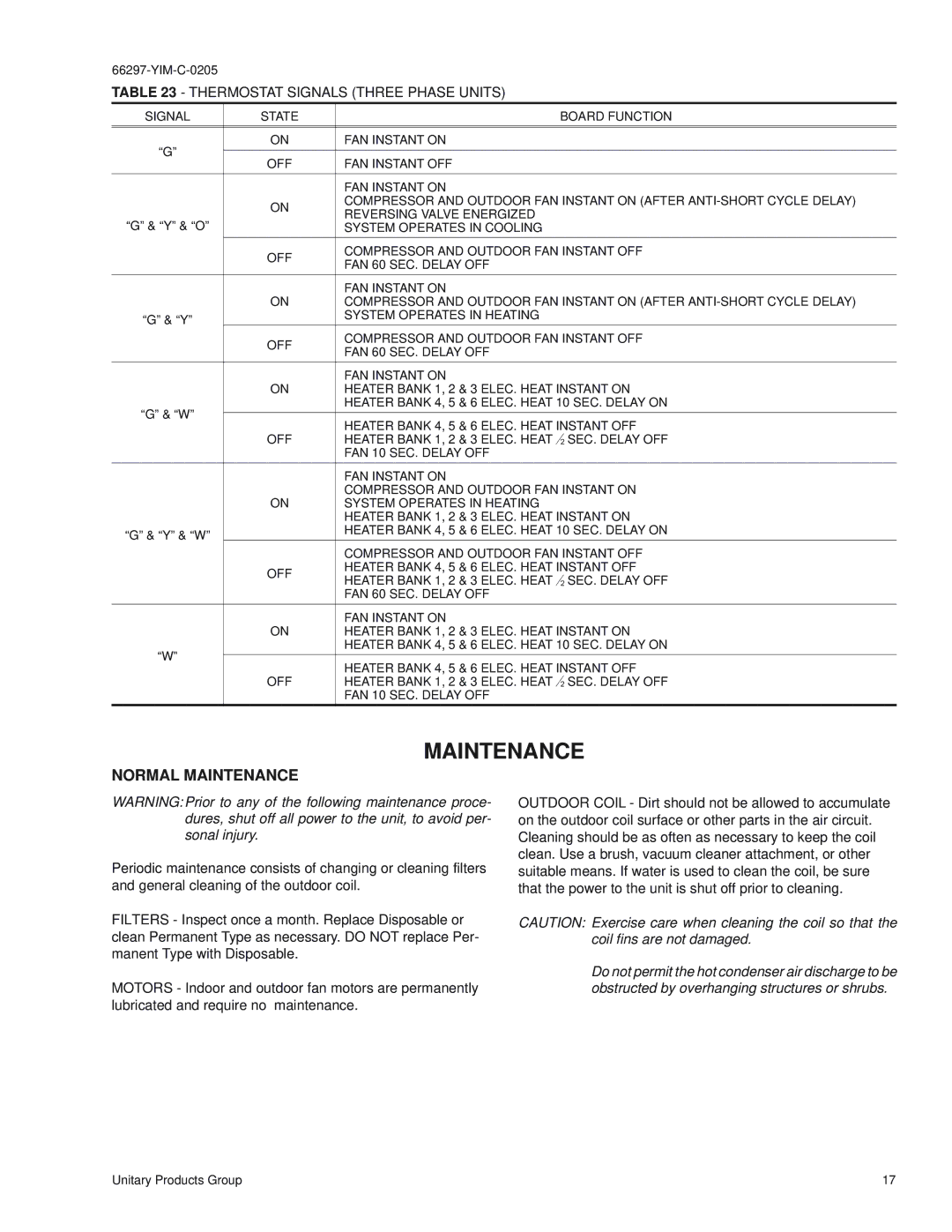 York B1HH018, THRU 060 Normal Maintenance, Thermostat Signals Three Phase Units, Compressor and Outdoor FAN Instant on 