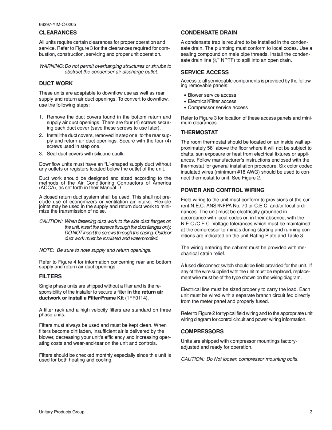 York B1HH018 Clearances, Duct Work, Filters, Condensate Drain, Service Access, Thermostat, Power and Control Wiring 