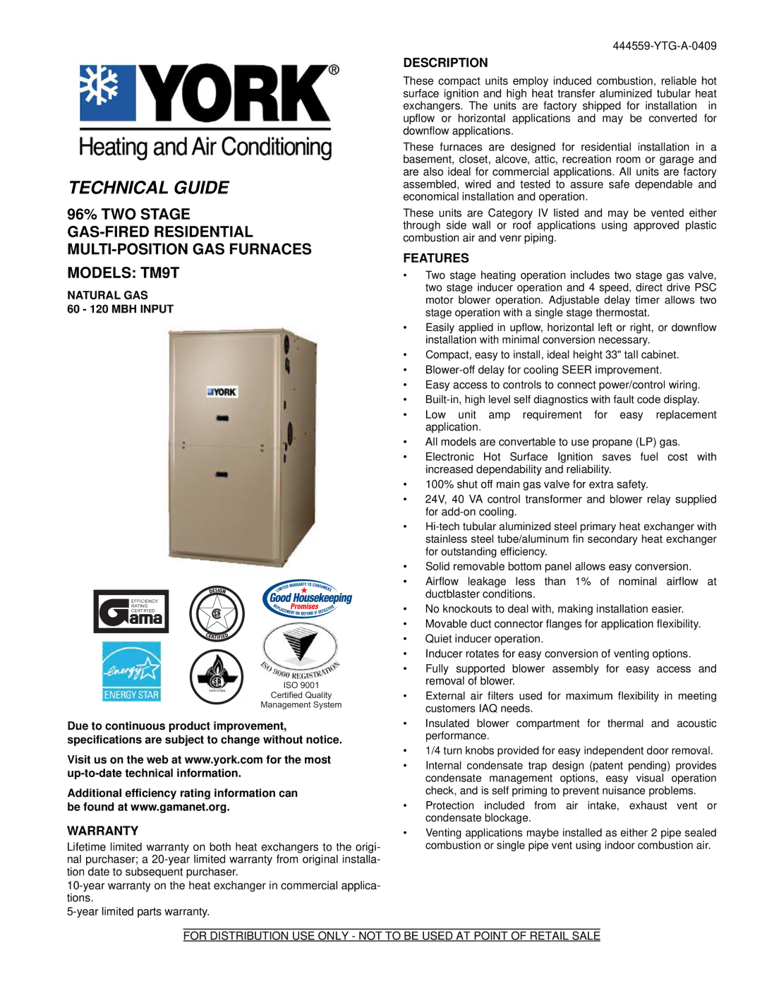 York TM9T warranty Description, Features, Warranty, Natural GAS 