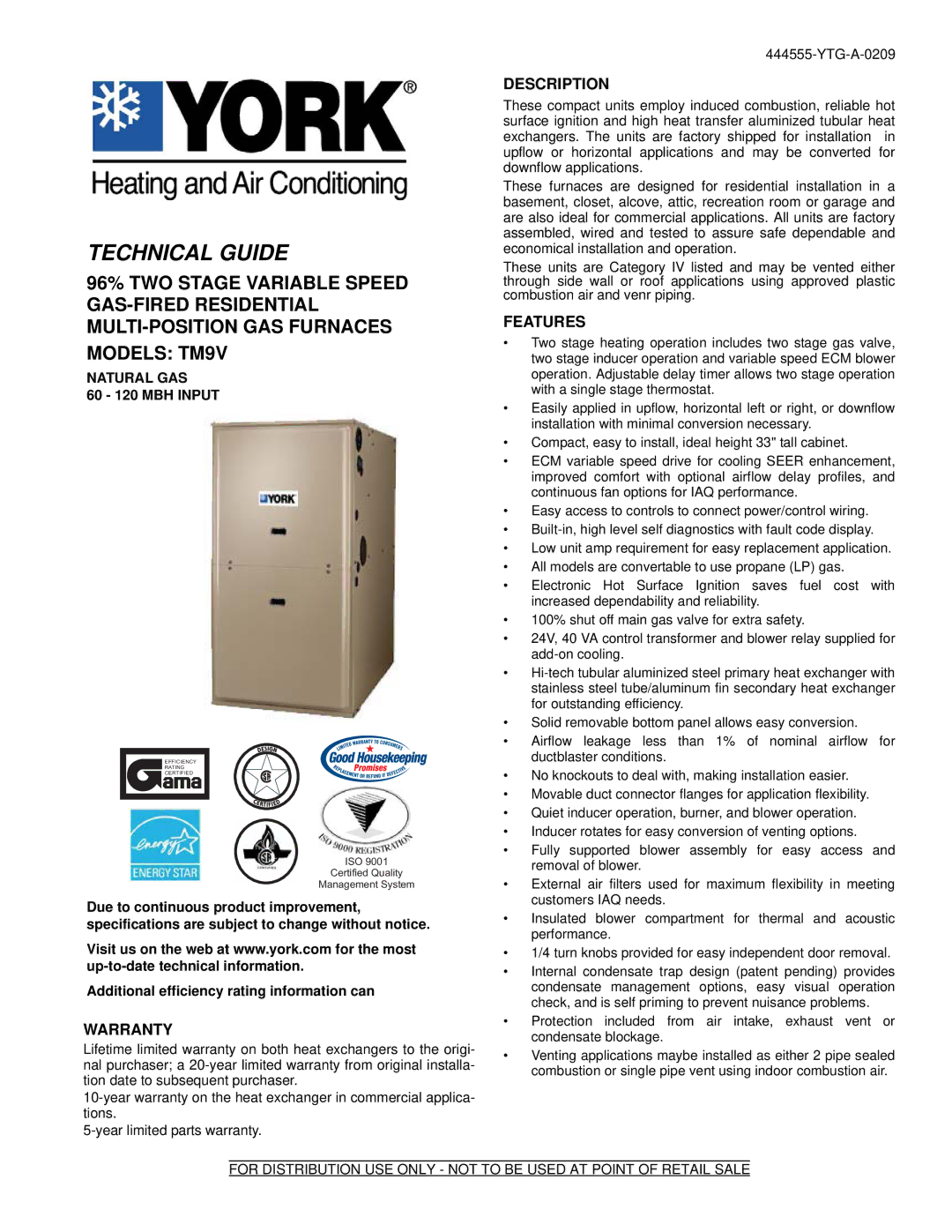 York TM9V warranty Description, Features, Warranty, Natural GAS, 60 120 MBH Input 