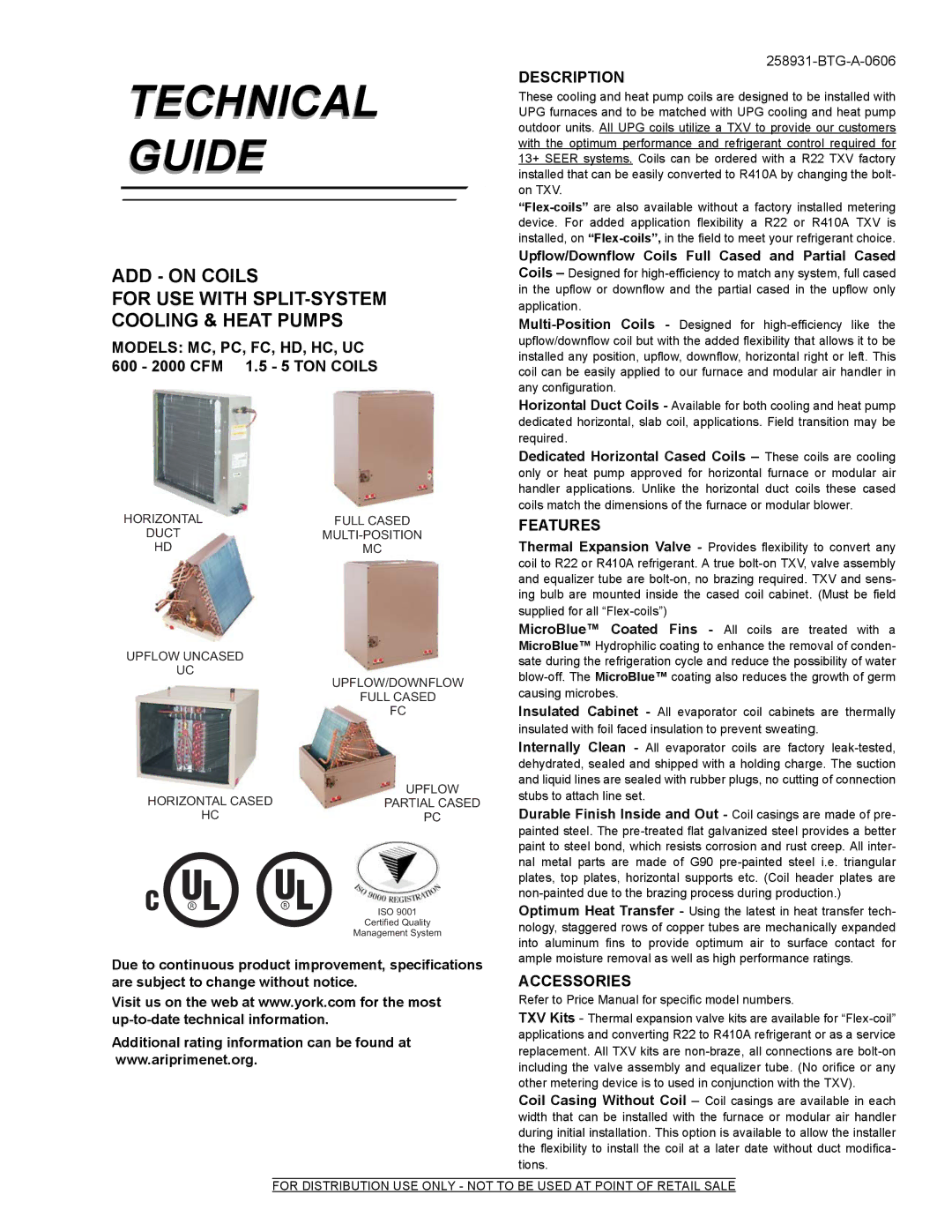 York PC, UC, MC, HD, HC, FC specifications Description, Features, Accessories 