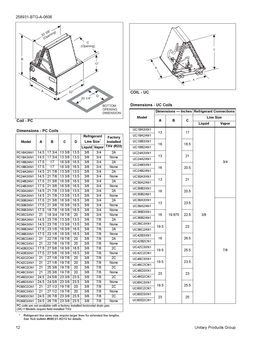 York MC, HD, HC, FC specifications Coil PC Dimensions PC Coils, Coil UC, Dimensions UC Coils 