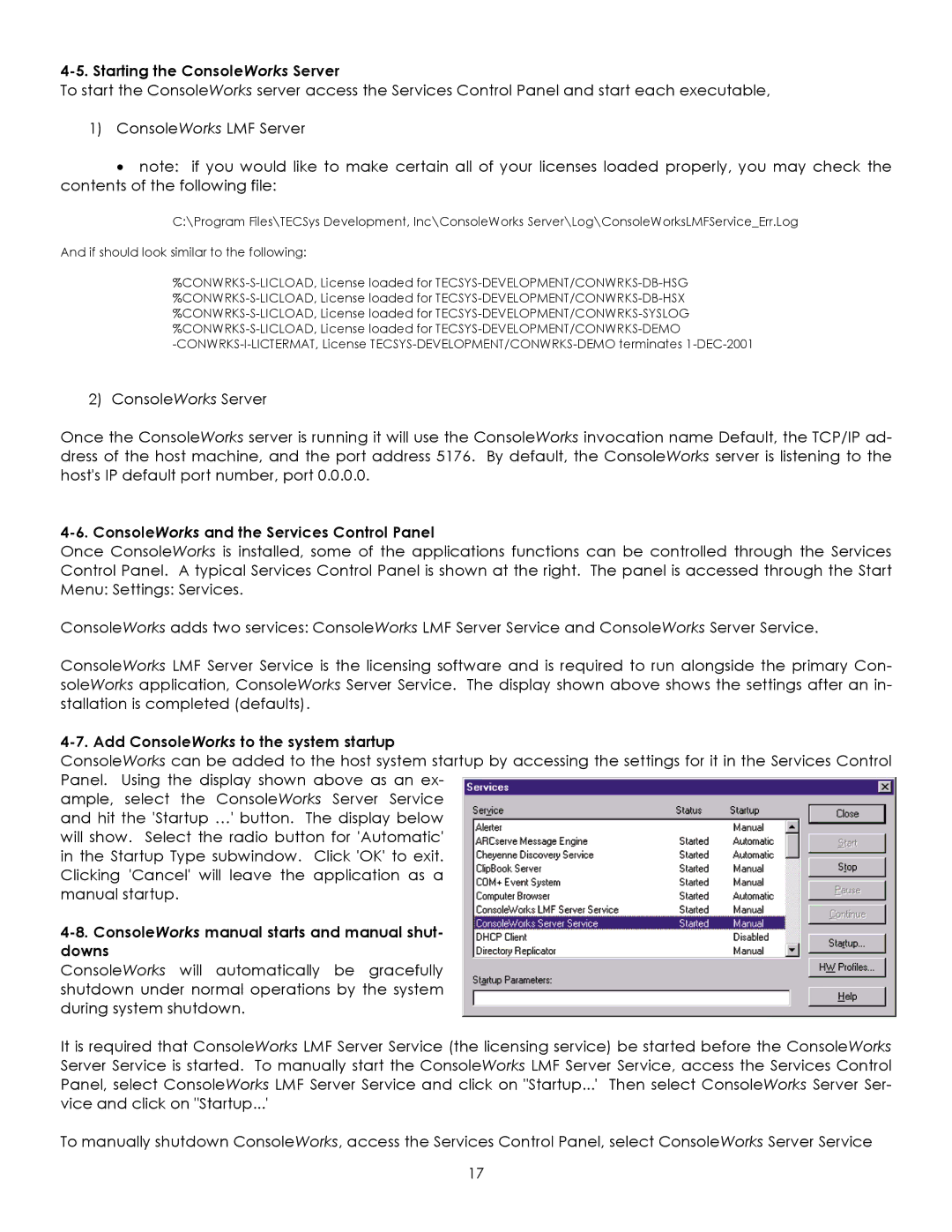 York Version 1.5.0 manual Starting the ConsoleWorks Server, ConsoleWorks and the Services Control Panel 