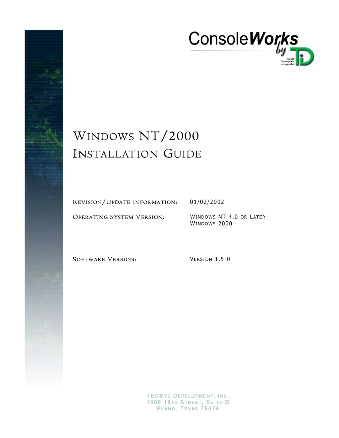 York Version 1.5.0 manual WINDOWS NT/2000, Installation Guide, Revision/Update Information, 01/02/2002, Software Version 