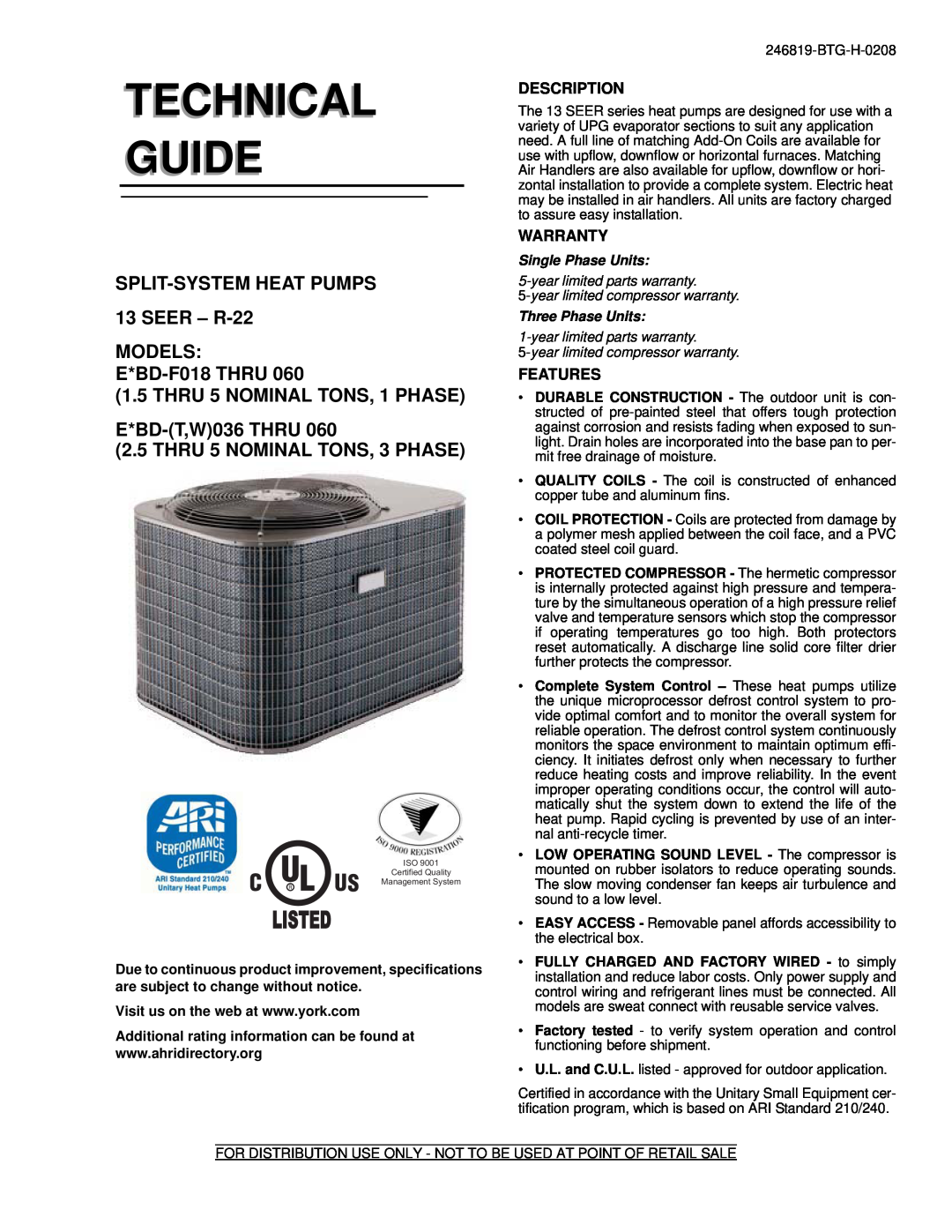 York E*BD-F018 THRU 060, E*BD-(T warranty Description, Warranty, Features, Technical Guide, Listed, MODELS E*BD-F018THRU 