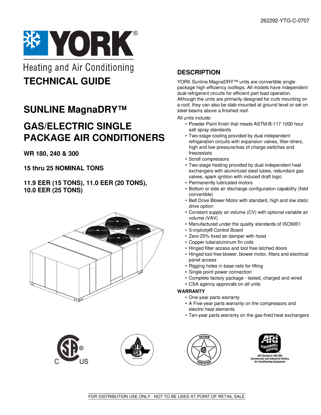 York WR 180 warranty GAS/ELECTRIC Single Package AIR Conditioners, Warranty 