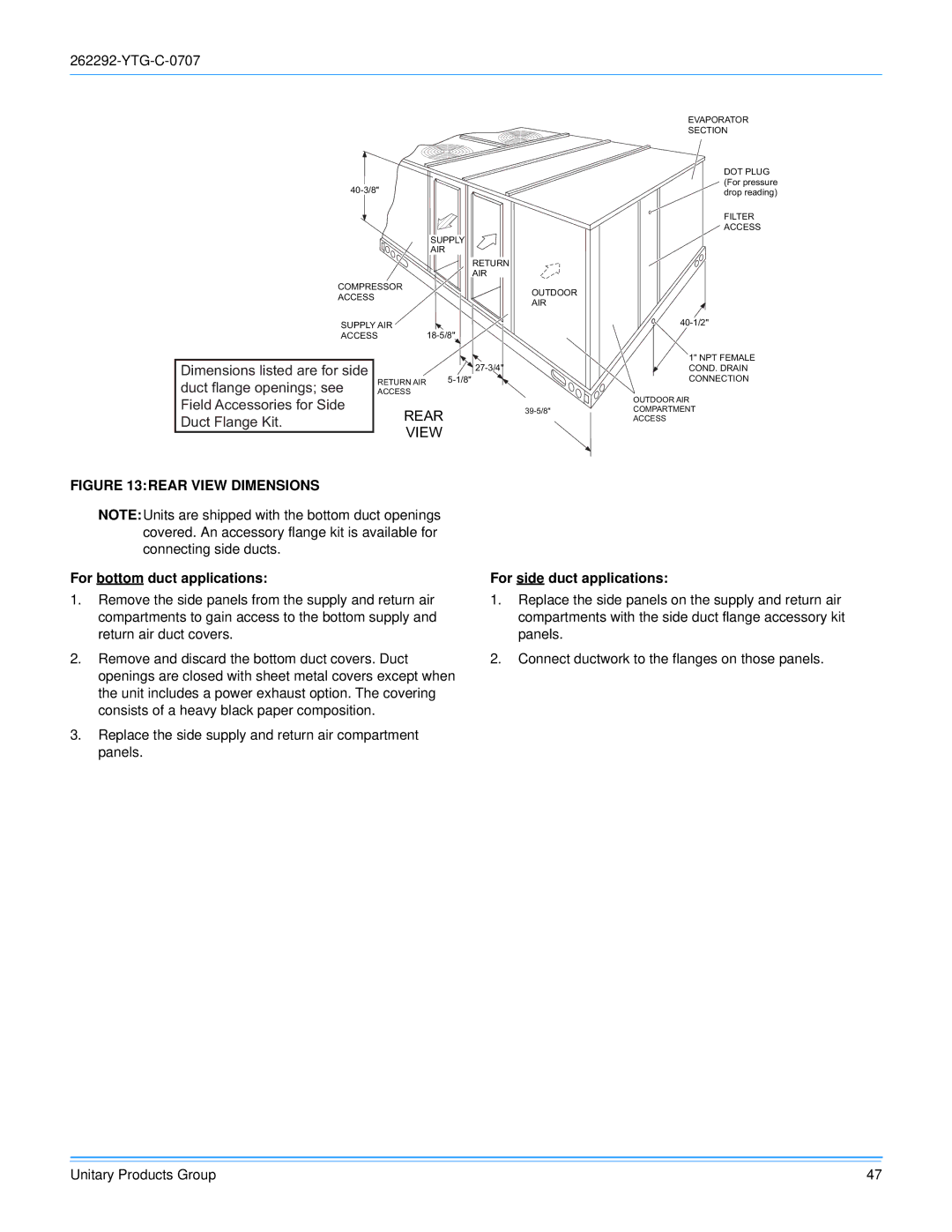 York WR 180 warranty Rear View Dimensions 