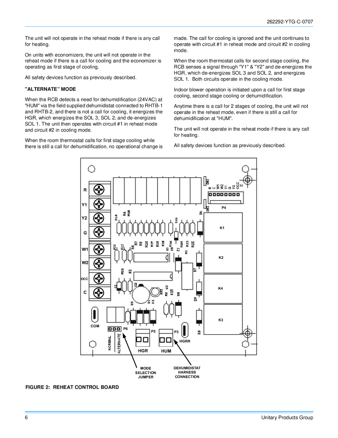 York WR 180 warranty Alternate Mode, Reheat Control Board 