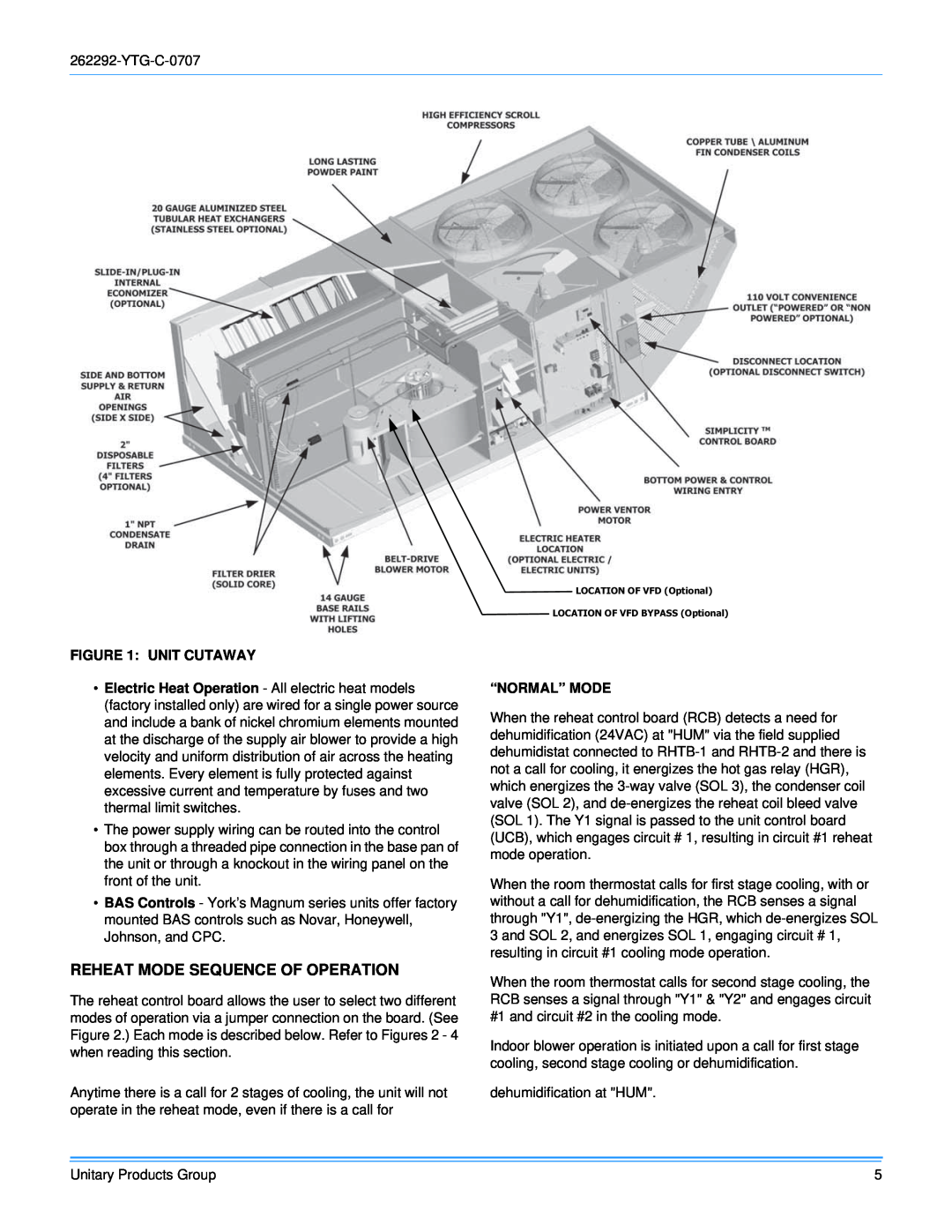 York WR 180 warranty Reheat Mode Sequence Of Operation, Unit Cutaway, “Normal” Mode 