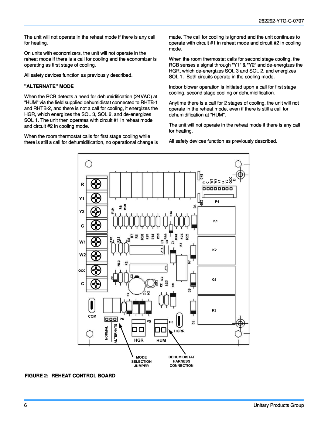 York WR 180 warranty Alternate” Mode, Reheat Control Board 