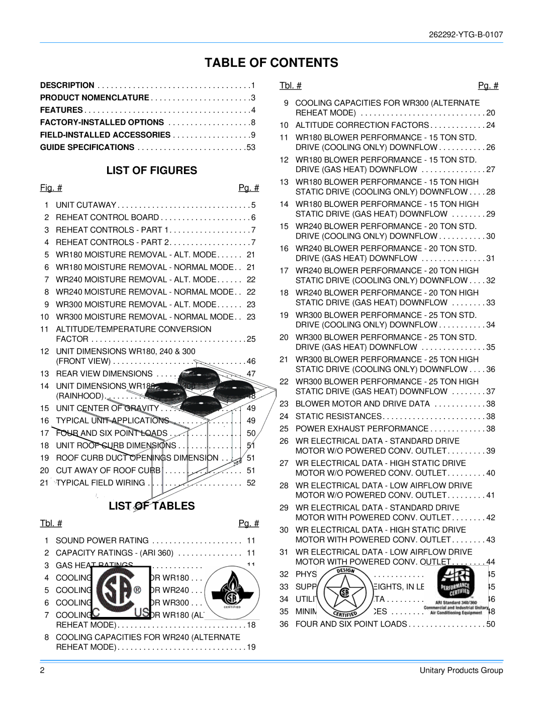 York WR300, WR240 warranty Table of Contents 