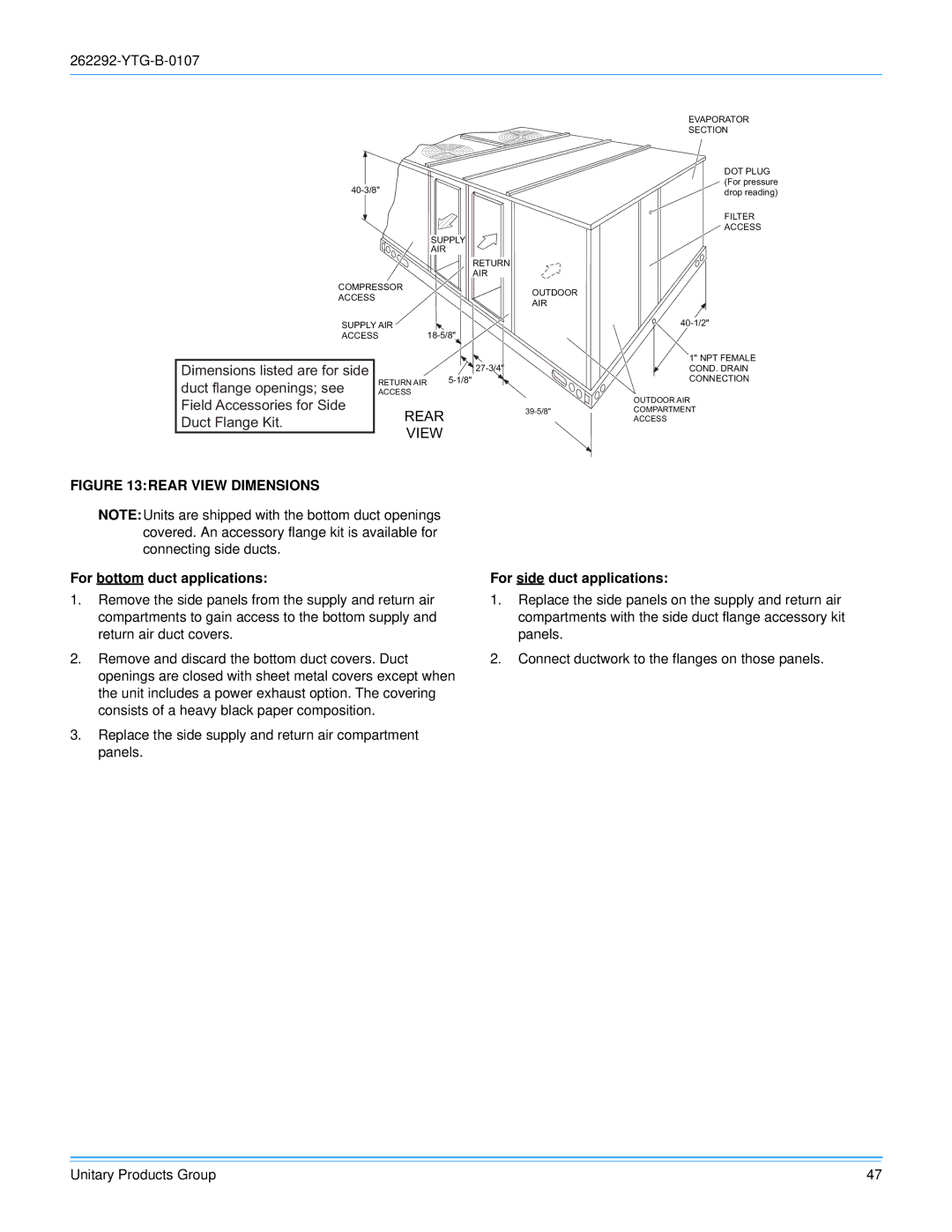 York WR240, WR300 warranty Rear View Dimensions 