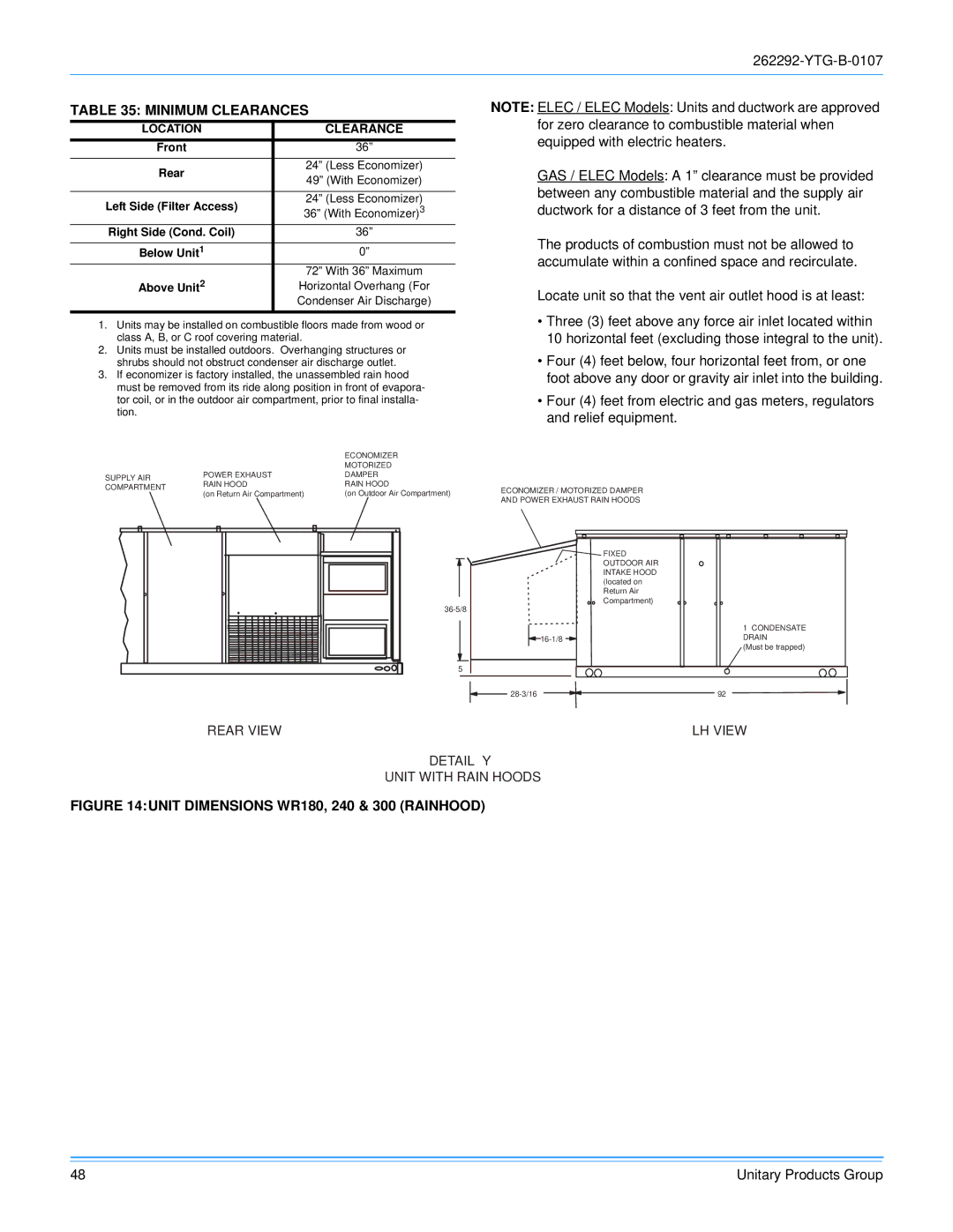 York WR300, WR240 warranty Minimum Clearances, Unit Dimensions WR180, 240 & 300 Rainhood 