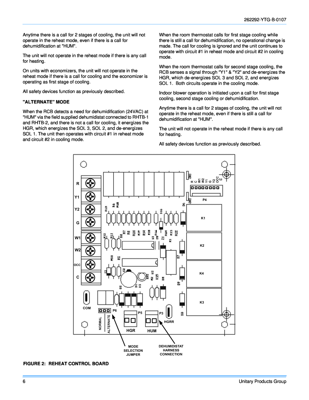 York WR300, WR240 warranty Alternate” Mode, Reheat Control Board 