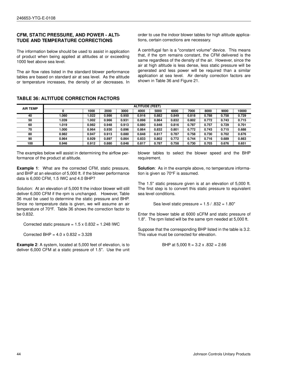 York Y32, Y33, Y34 manual Altitude Correction Factors, AIR Temp Altitude Feet 