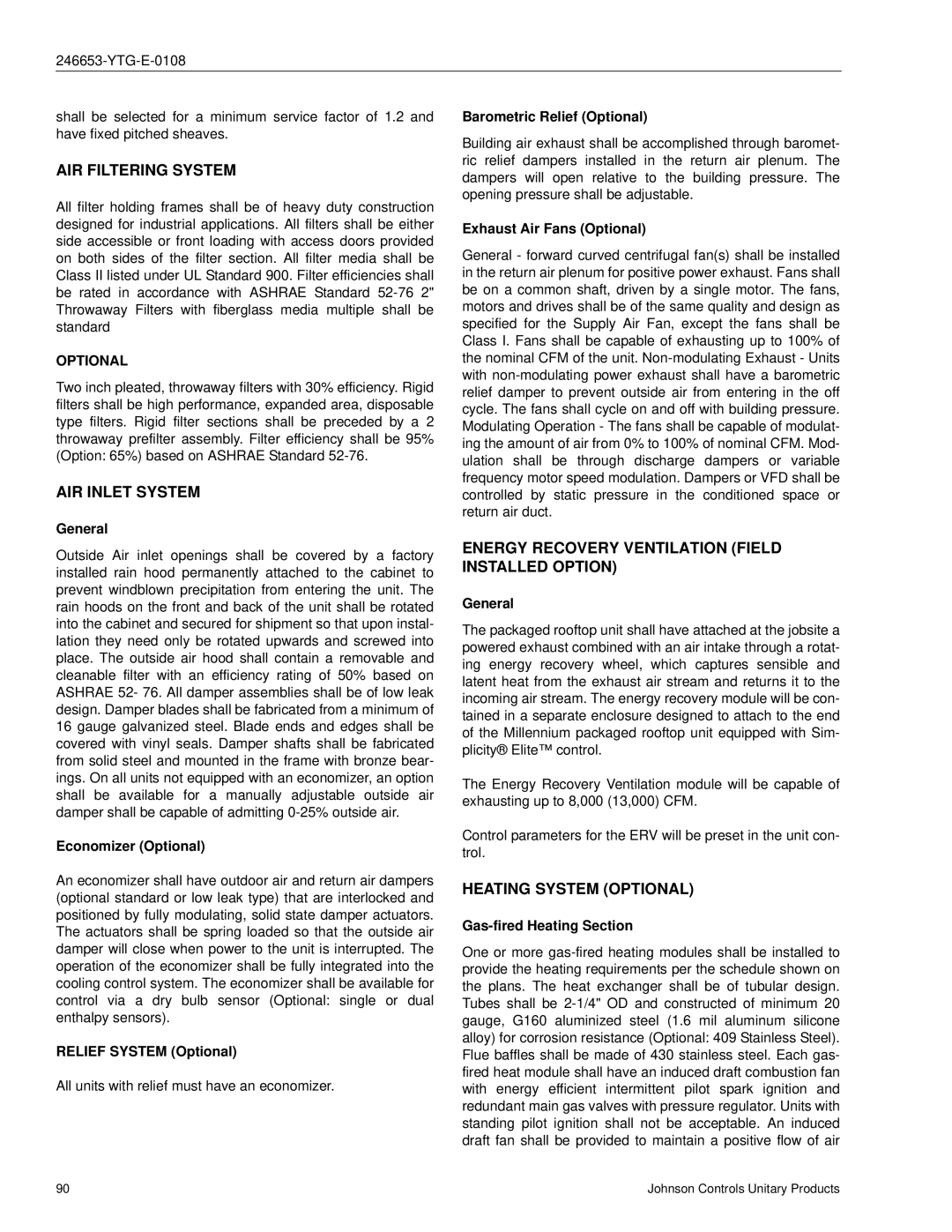 York Y33, Y34, Y32 manual AIR Filtering System, AIR Inlet System, Energy Recovery Ventilation Field Installed Option 