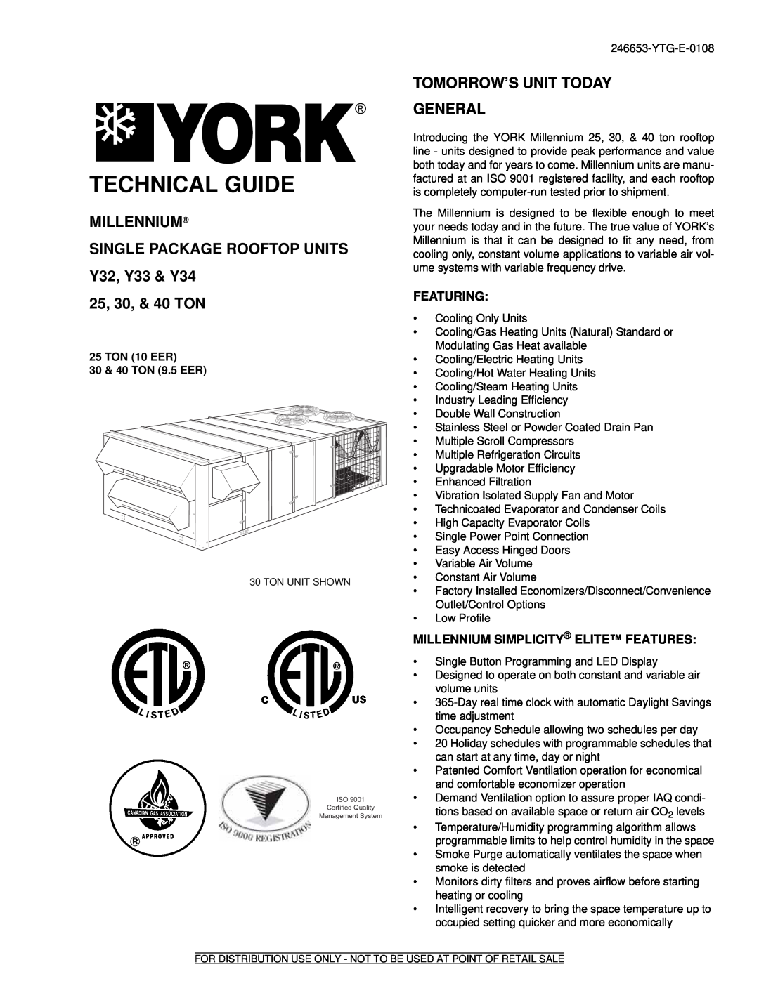 York manual Millennium Single Package Rooftop Units, Y32, Y33 & Y34 25, 30, & 40 TON, Tomorrow’S Unit Today General 