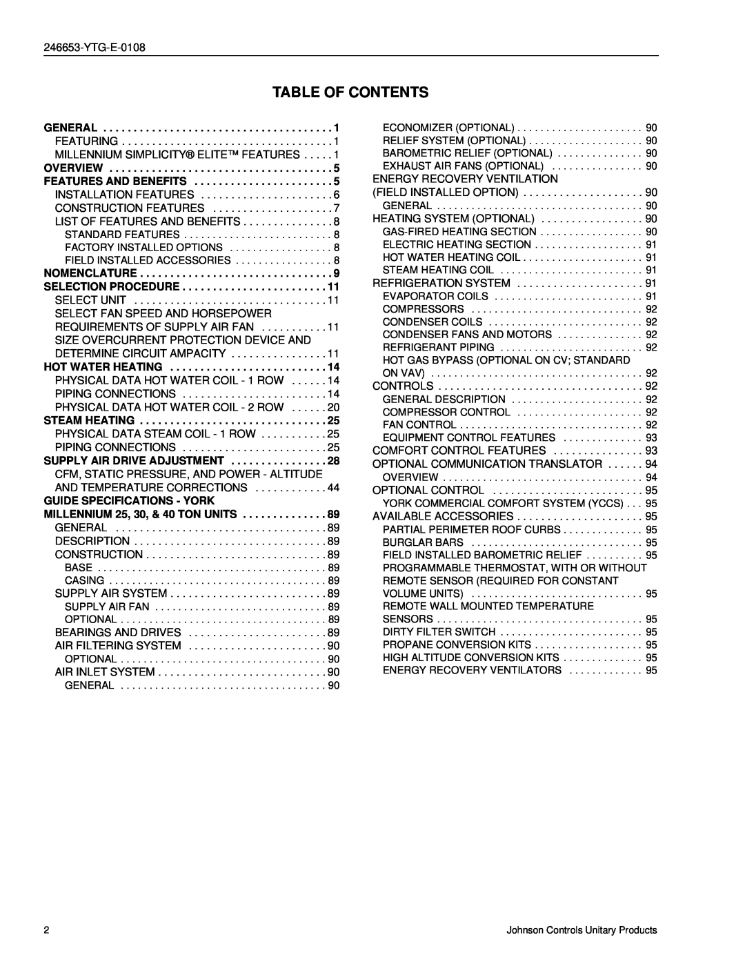 York Y32, Y33, Y34 manual Table Of Contents 
