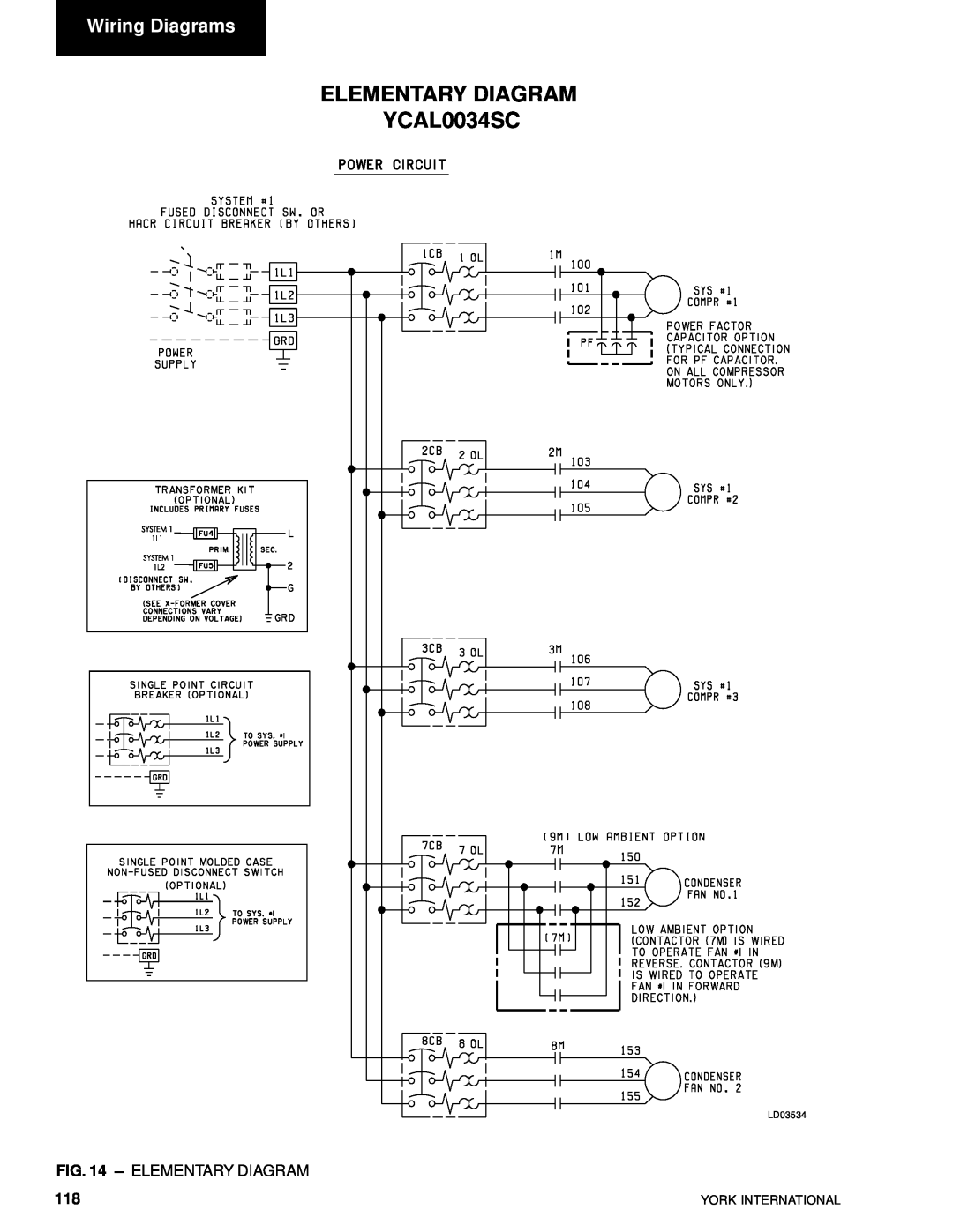 York YCAL0014SC, YCAL0080SC manual ELEMENTARY DIAGRAM YCAL0034SC, Wiring Diagrams, Elementary Diagram, LD03534 