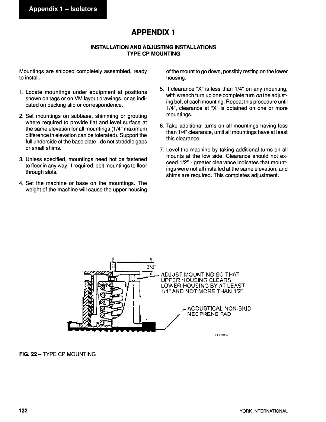 York YCAL0014SC, YCAL0080SC manual Appendix 1 – Isolators, Installation And Adjusting Installations, Type Cp Mounting 