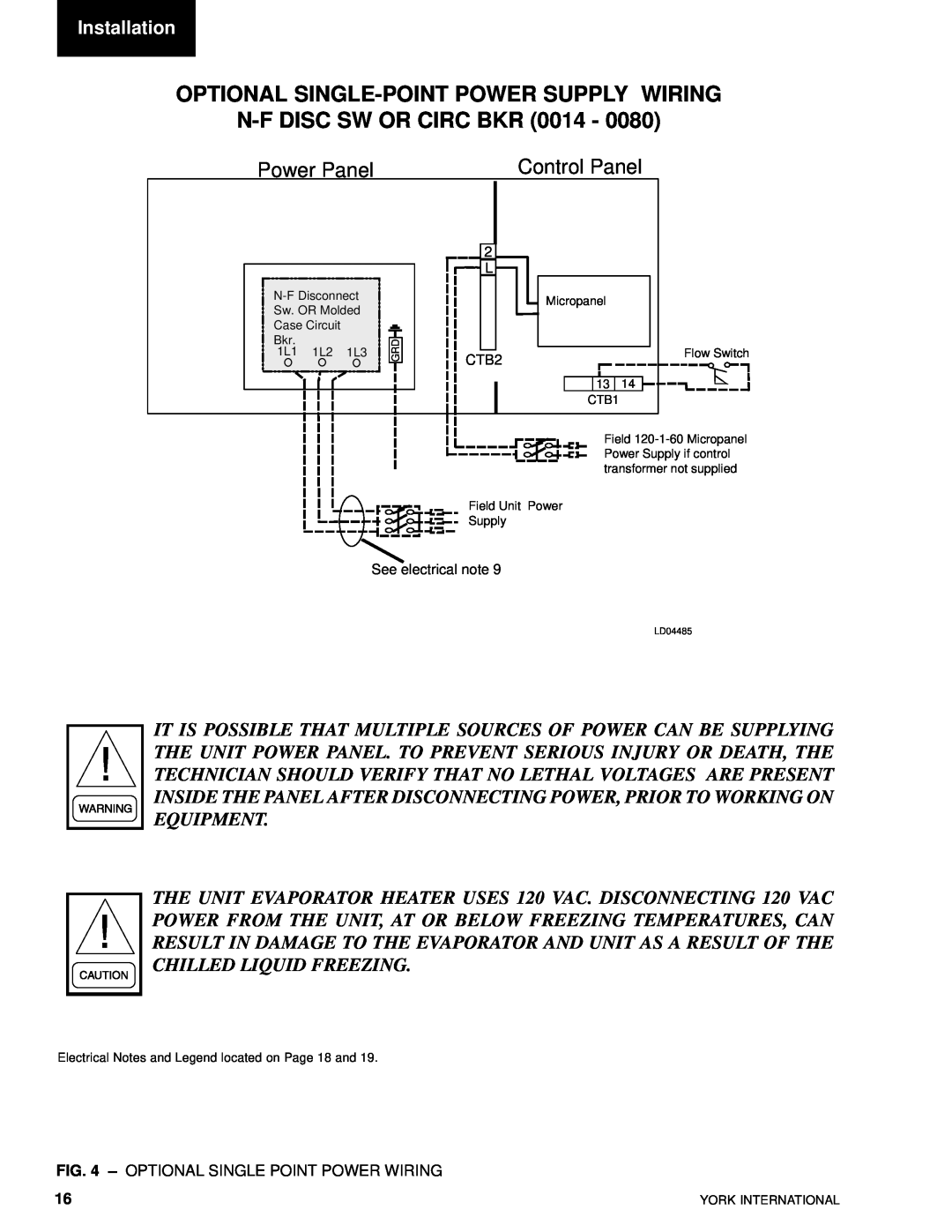 York YCAL0014SC manual Optional Single-Pointpower Supply Wiring, N-FDISC SW OR CIRC BKR 0014, Control Panel, Installation 