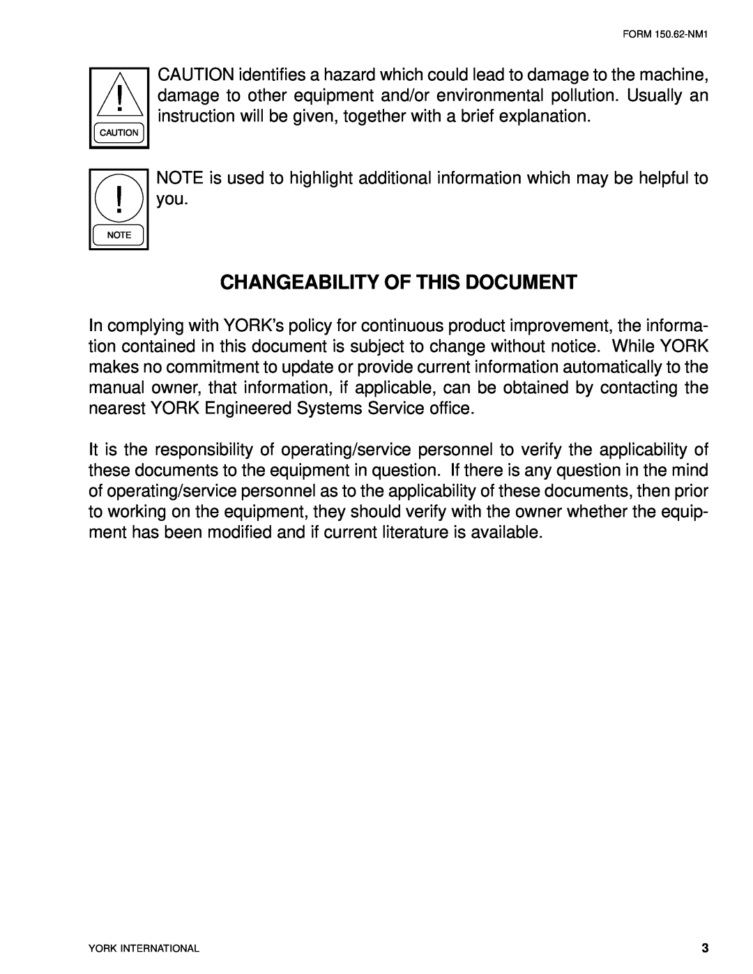York YCAL0080SC, YCAL0014SC manual Changeability Of This Document, FORM 150.62-NM1, York International 