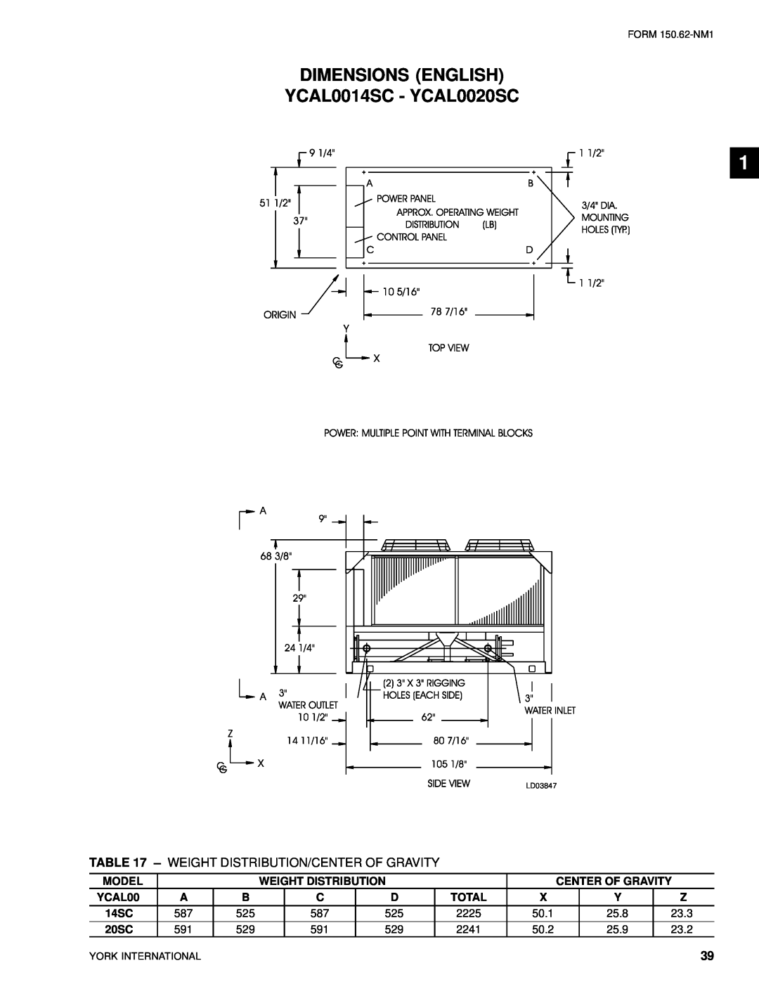 York YCAL0080SC manual DIMENSIONS ENGLISH YCAL0014SC - YCAL0020SC, Weight Distribution/Center Of Gravity 