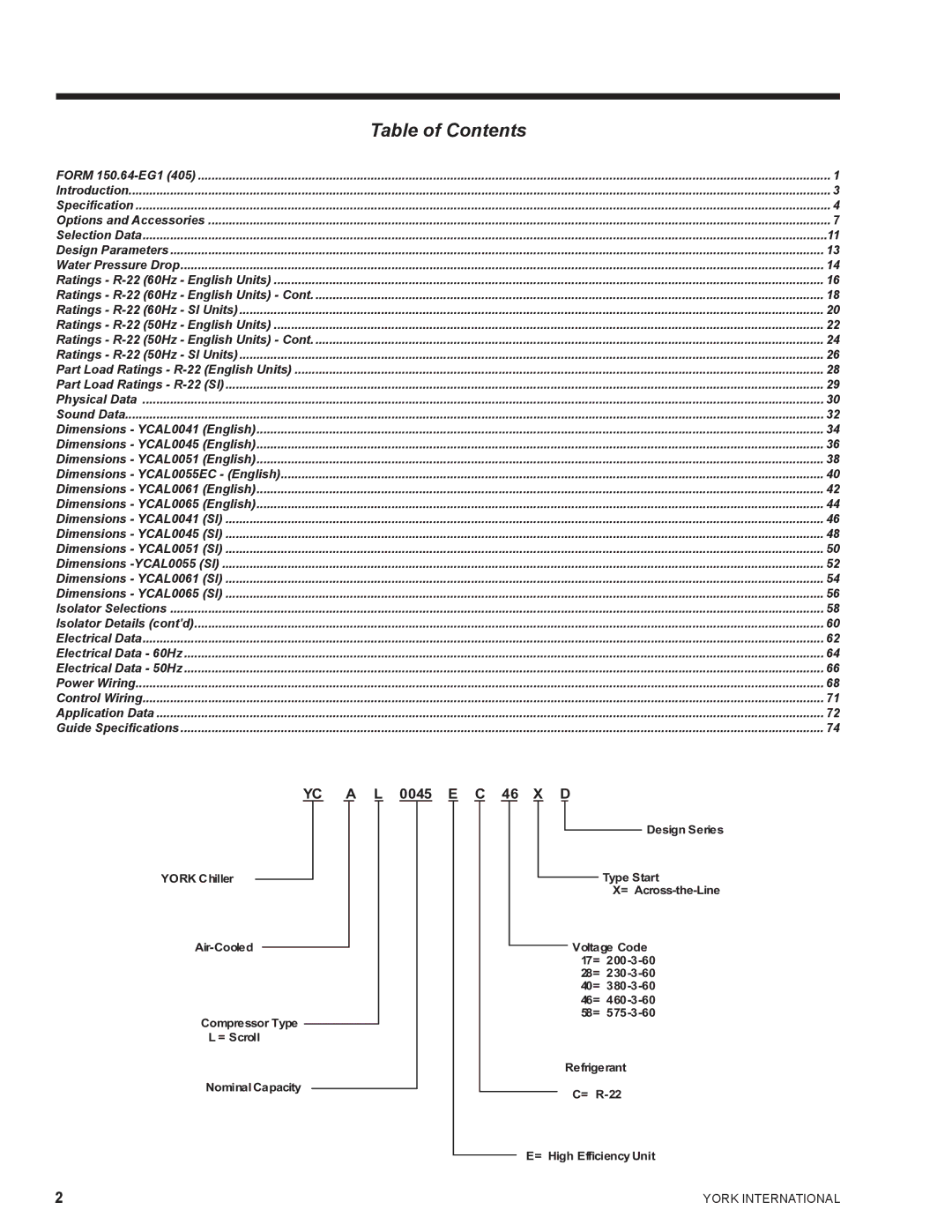 York YCAL0041, YCAL0065 manual Table of Contents 