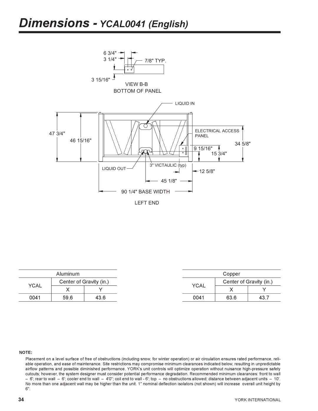 York YCAL0065 manual Dimensions YCAL0041 English 