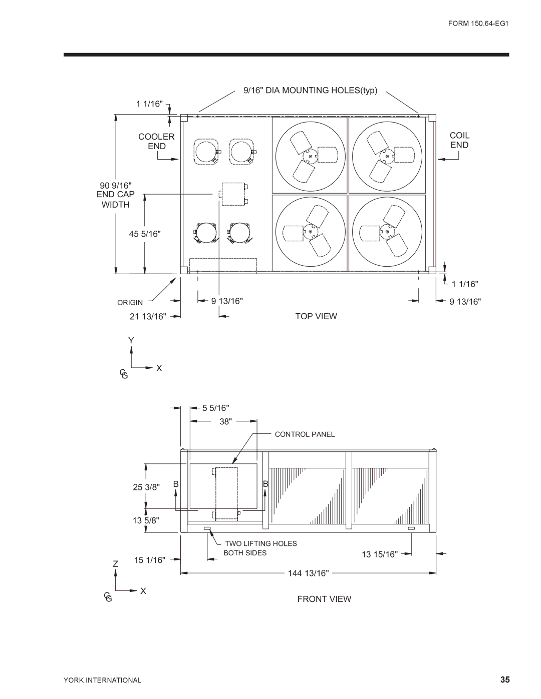 York YCAL0065 DIA Mounting HOLEStyp, 90 9/16, 45 5/16, 21 13/16, 13/16 25 3/8 13 5/8, 15 1/16, 13 15/16, 144 13/16 