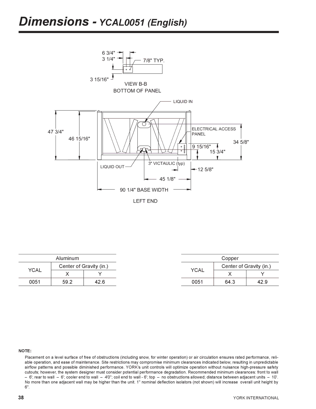 York YCAL0041, YCAL0065 manual Dimensions YCAL0051 English, 0051 59.2 42.6 Copper, 0051 64.3 42.9 