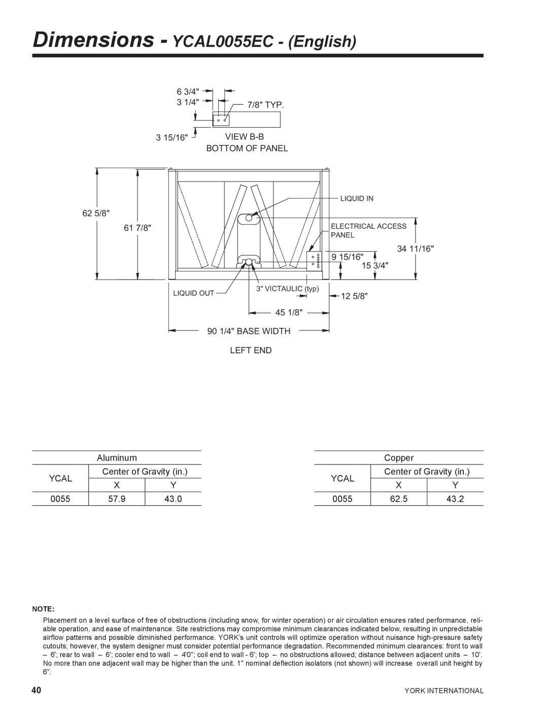 York YCAL0041, YCAL0065 Dimensions YCAL0055EC English, 62 5/8 TYP 15/16, 34 11/16, 0055 57.9 43.0 Copper, 0055 62.5 43.2 