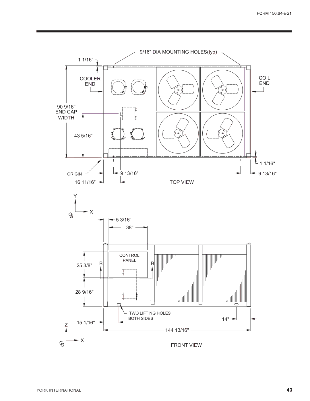 York YCAL0065, YCAL0041 manual 43 5/16, 16 11/16, 25 3/8 28 9/16 