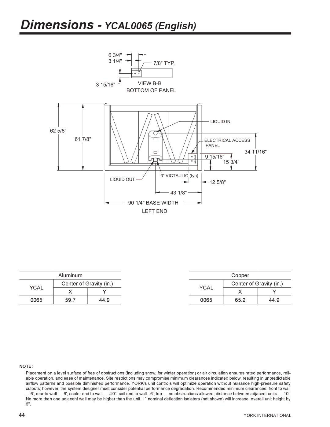 York YCAL0041 manual Dimensions YCAL0065 English, 62 5/8, 0065 59.7 44.9 Copper, 0065 65.2 44.9 