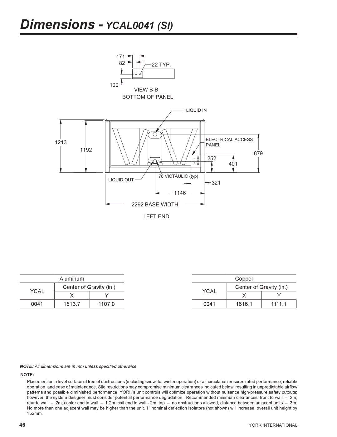 York YCAL0065 manual Dimensions YCAL0041 SI 