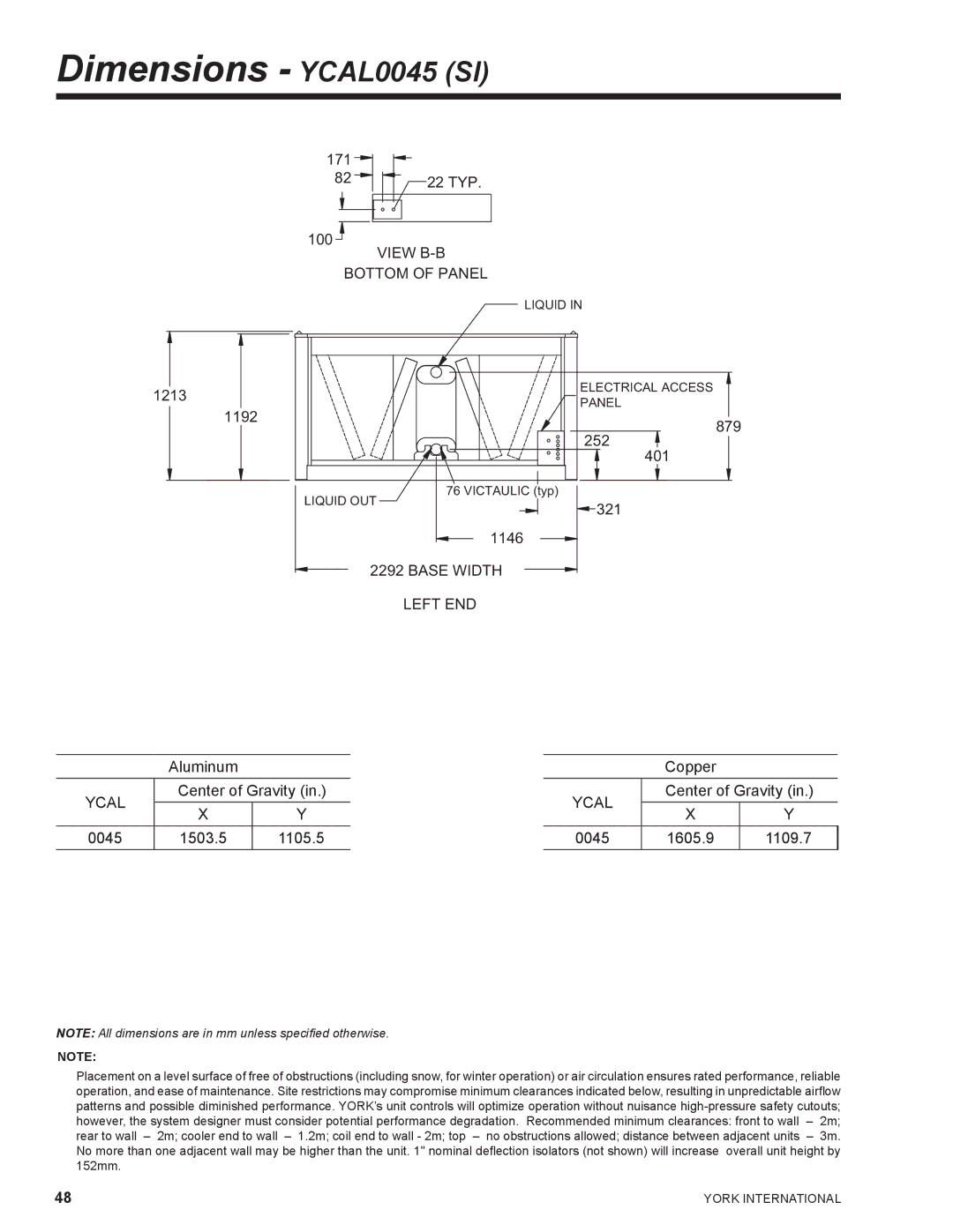 York YCAL0041, YCAL0065 manual Dimensions YCAL0045 SI, 0045 1503.5 1105.5 Copper, 0045 1605.9 1109.7 