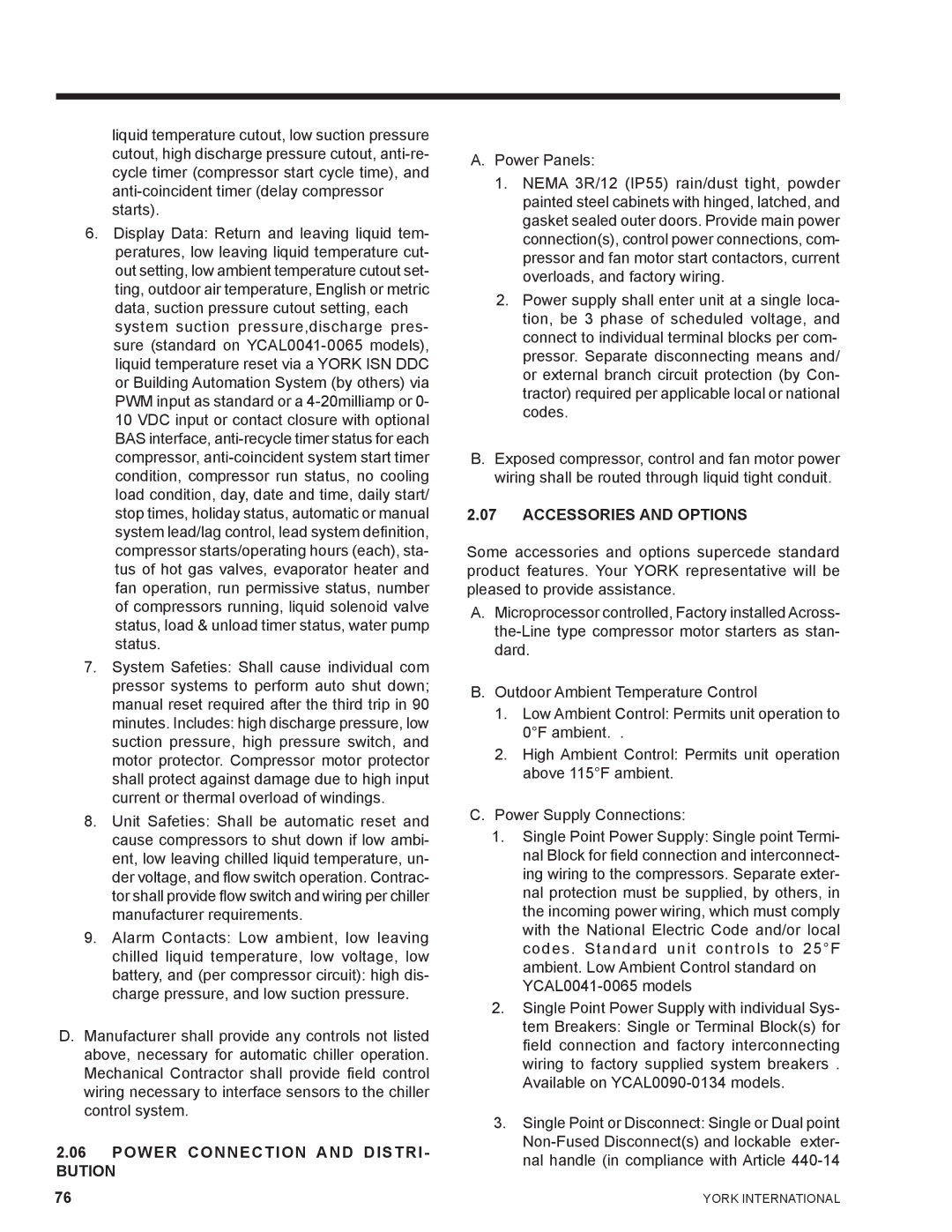 York YCAL0041, YCAL0065 manual Power Connection and DISTRI- Bution, Accessories and Options 