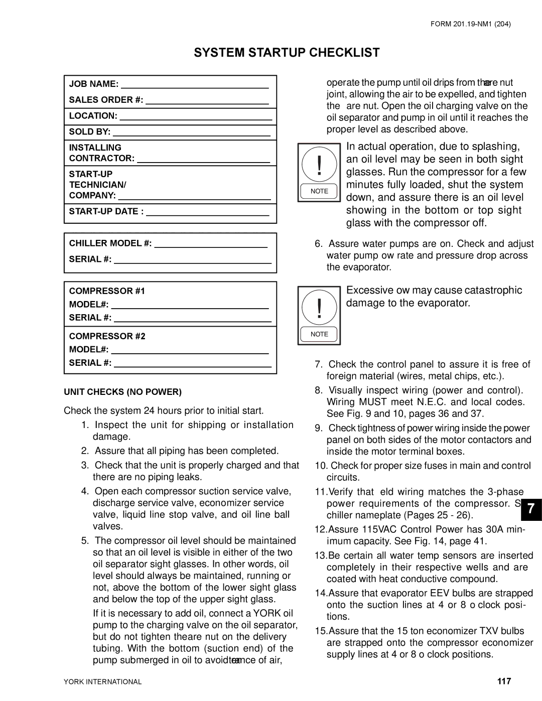 York YCAS0130 manual System Startup Checklist 