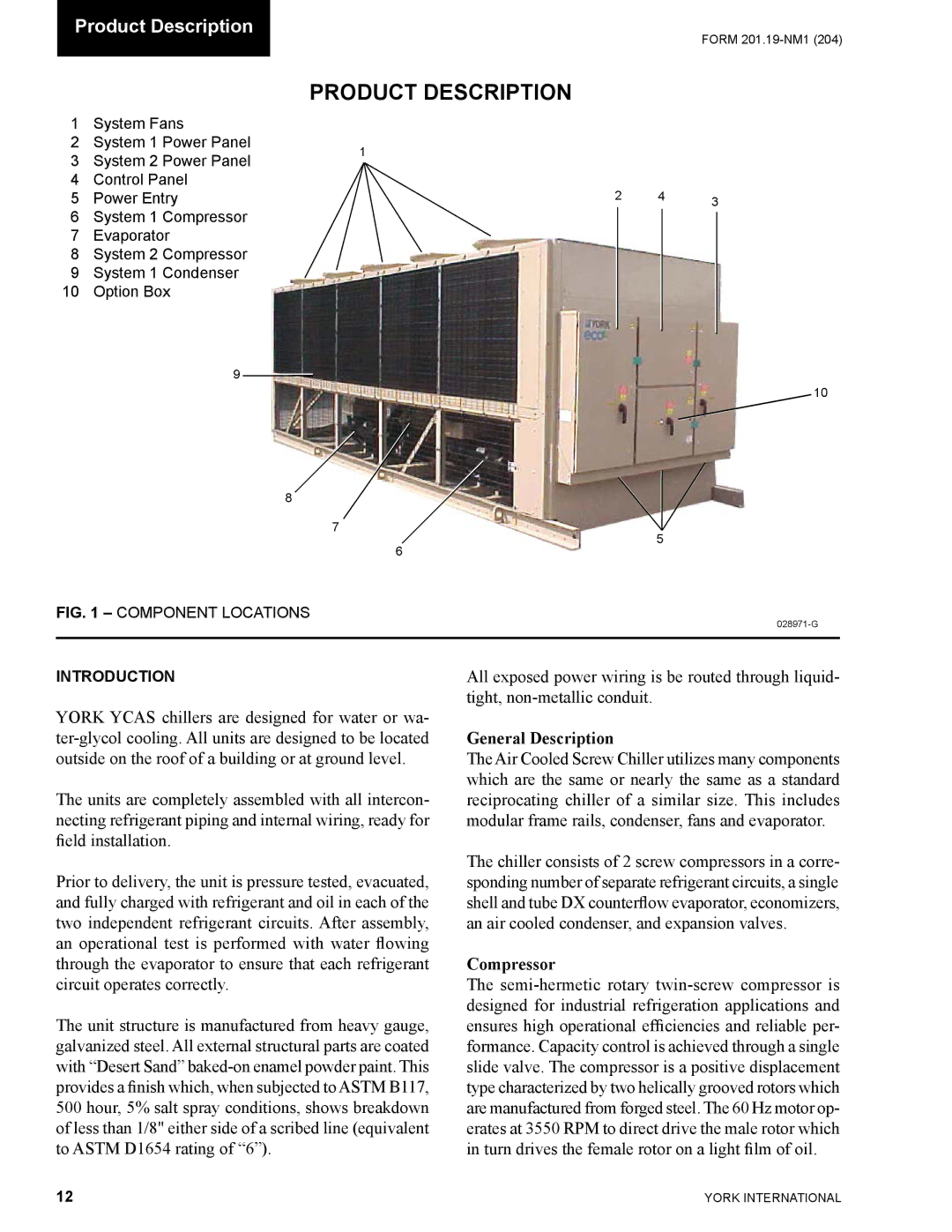 York YCAS0130 manual Product Description, General Description, Compressor 