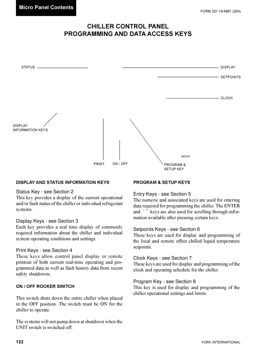 York YCAS0130 manual Chiller Control Panel Programming and Data Access Keys 