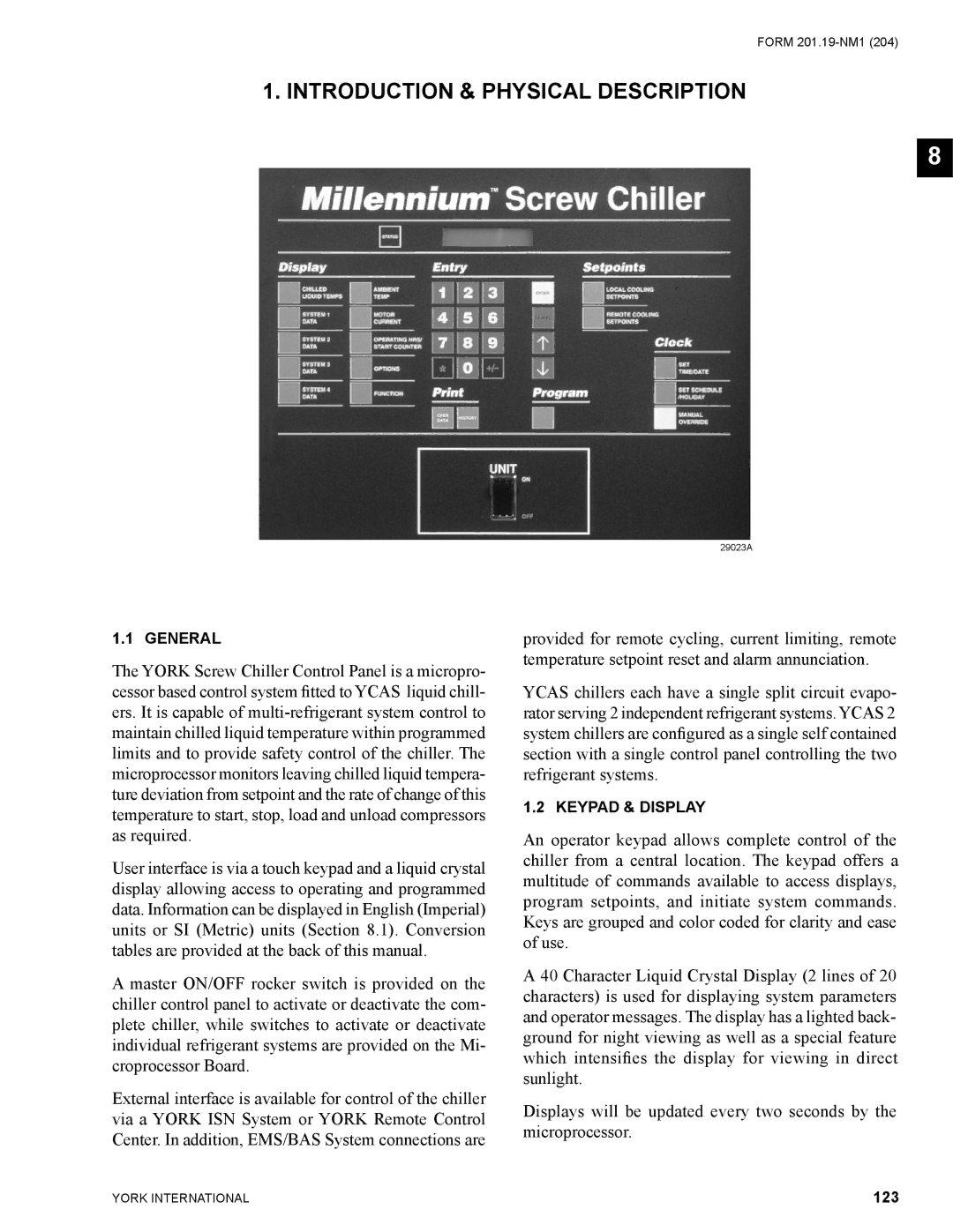 York YCAS0130 manual Introduction & Physical Description, 123 
