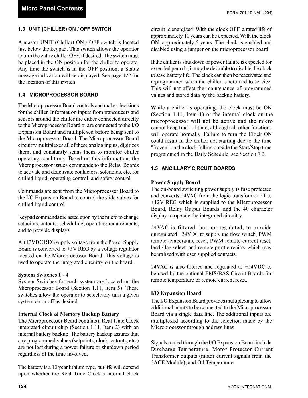 York YCAS0130 manual System Switches 1, Internal Clock & Memory Backup Battery, Power Supply Board, Expansion Board, 124 