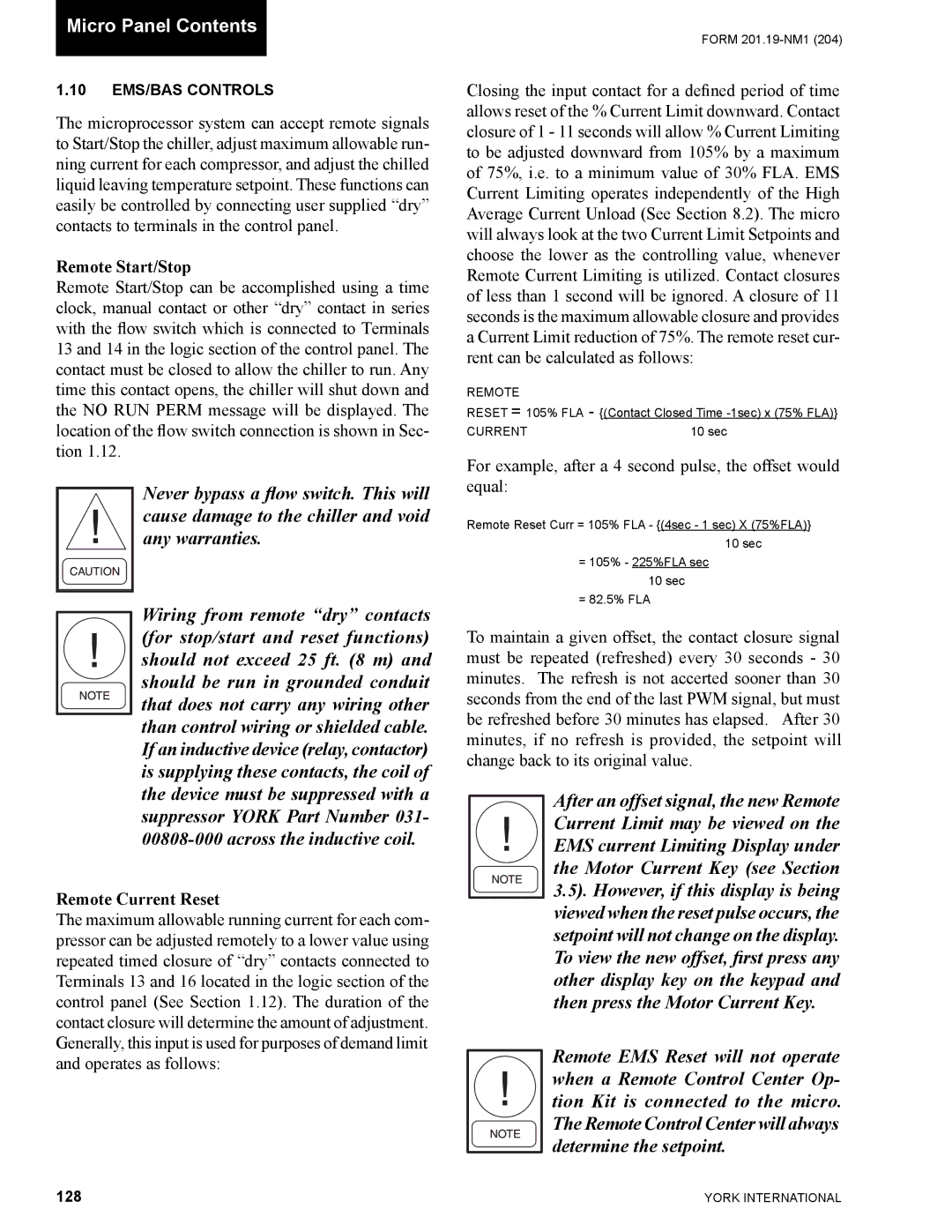 York YCAS0130 manual Remote Start/Stop, Remote Current Reset, 128 