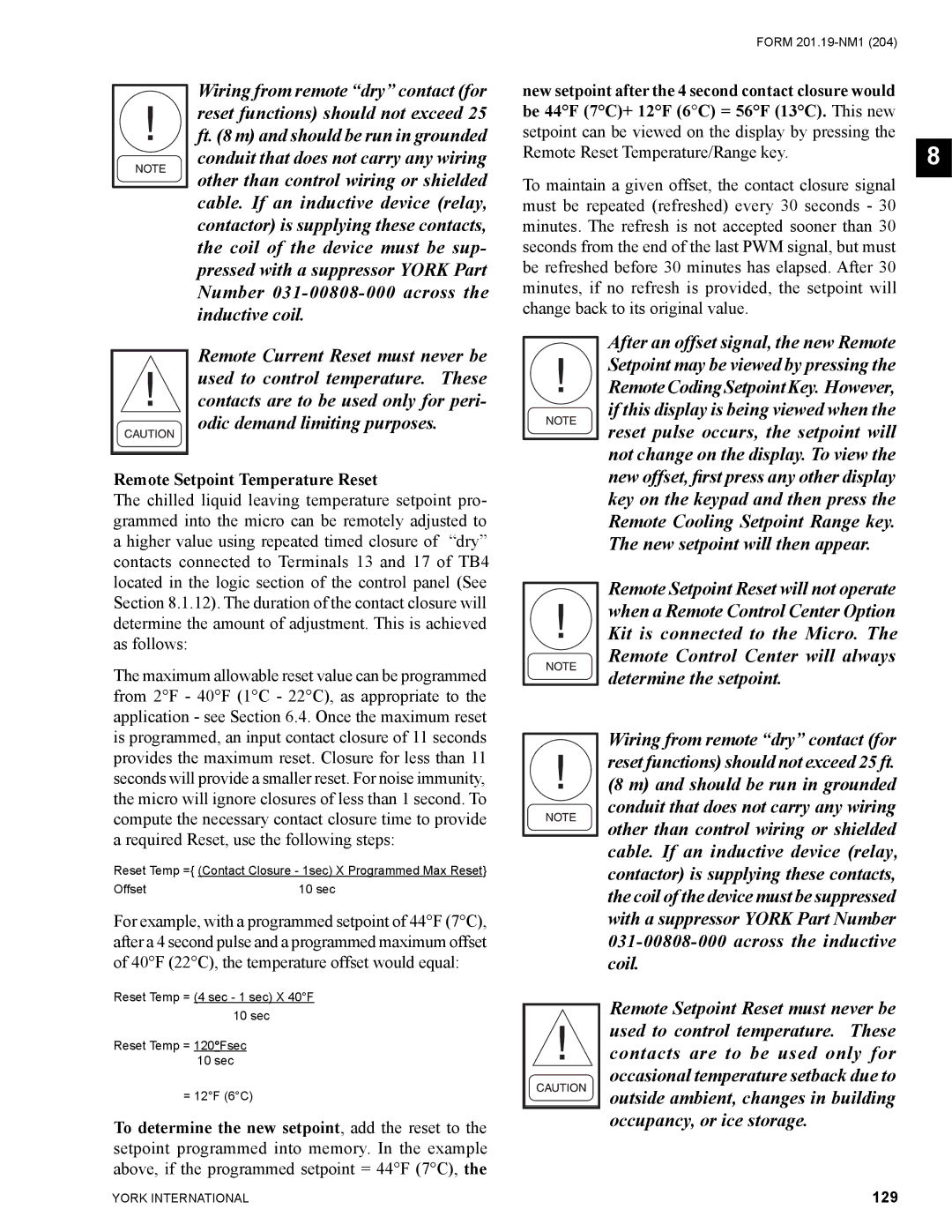 York YCAS0130 manual Remote Setpoint Temperature Reset, 129 