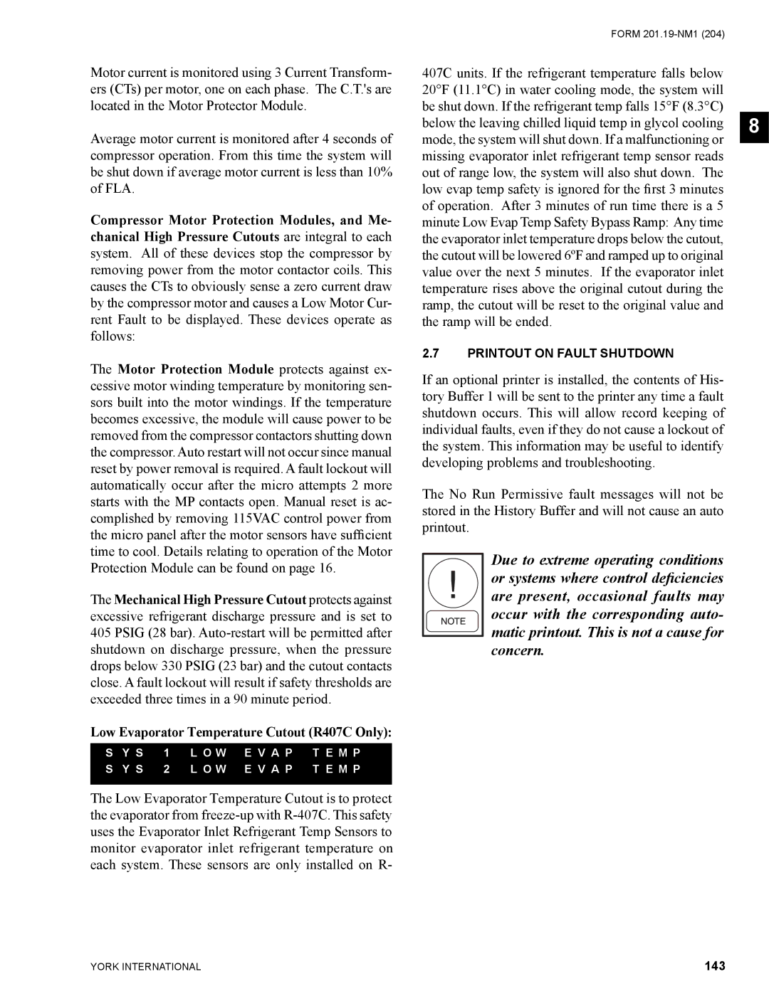 York YCAS0130 manual Low Evaporator Temperature Cutout R407C Only, 143 
